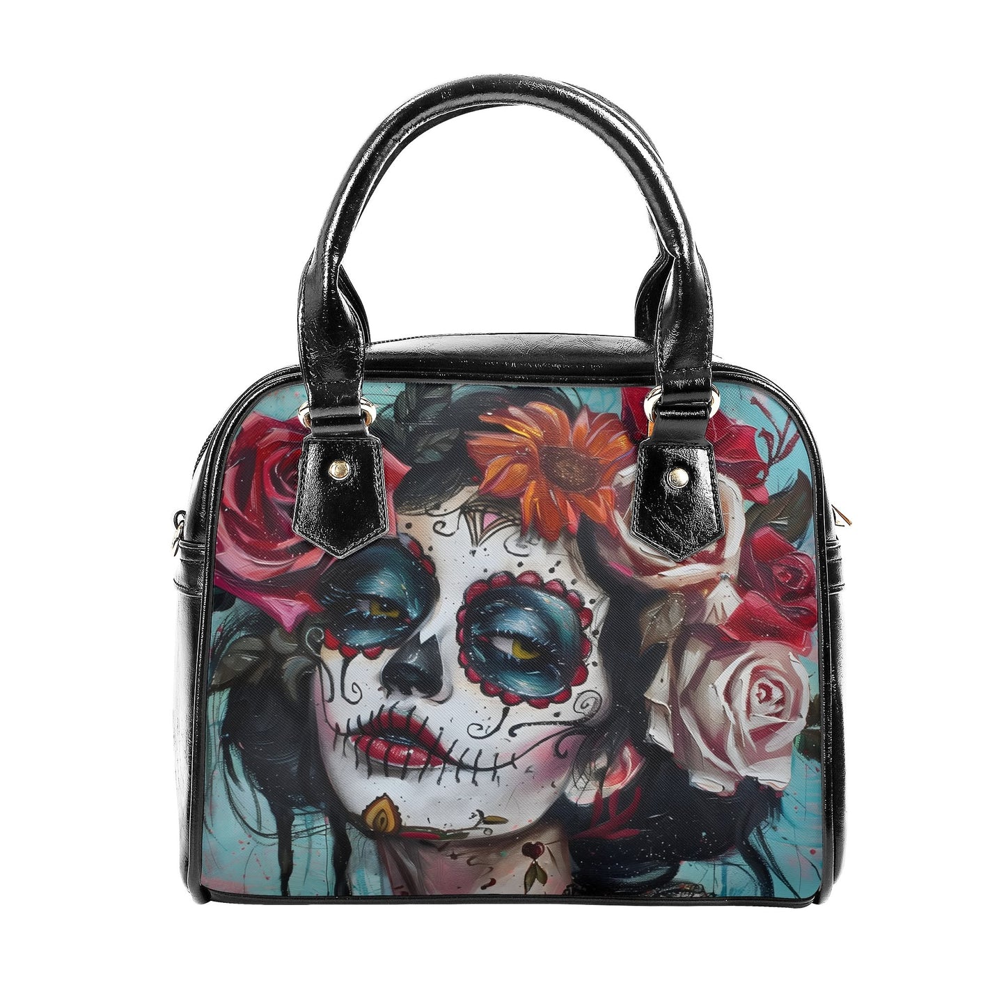 Front view of gothic sugar skull handbag featuring a vibrant pinup-inspired design with roses and dark accents.