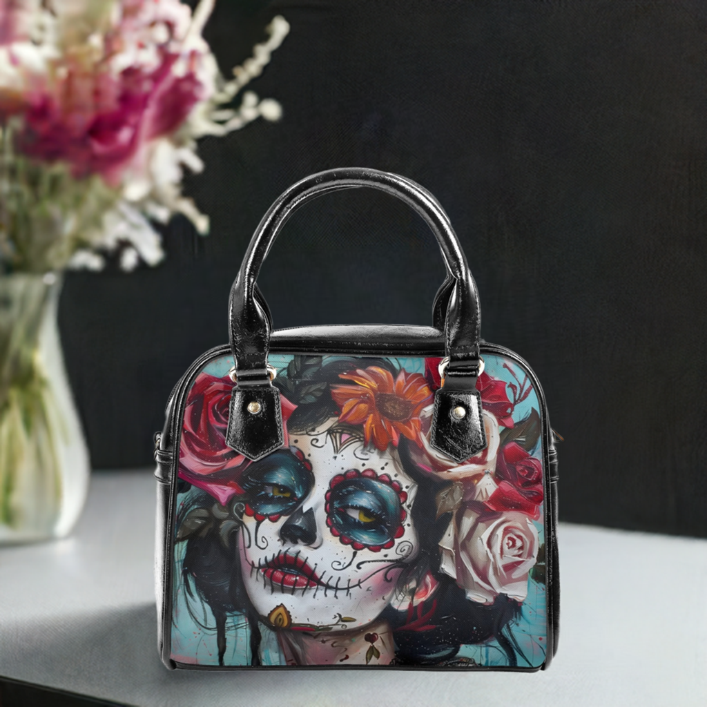 Trendy edgy handbag stands upright on its own, showing off its vibrant pinup-inspired design.