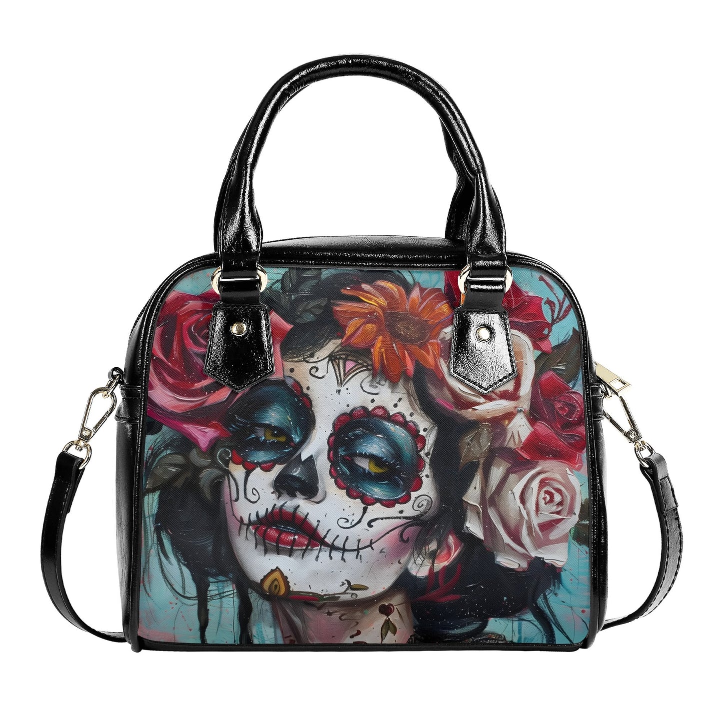 Handbag with adjustable shoulder strap, highlighting versatility and detailed gothic artistry.