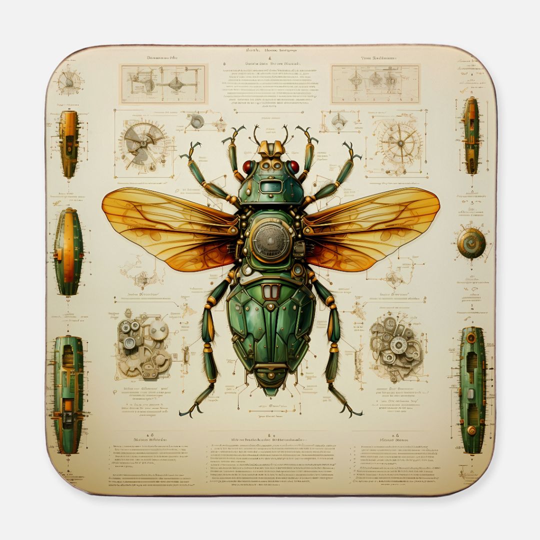 Green Animatronic Bee Coaster: A steampunk green metallic robotic bee with intricate mechanical designs, highlighted against a cream backdrop with vintage style sepia-toned engineering drawings on a square hardboard-backed coaster.