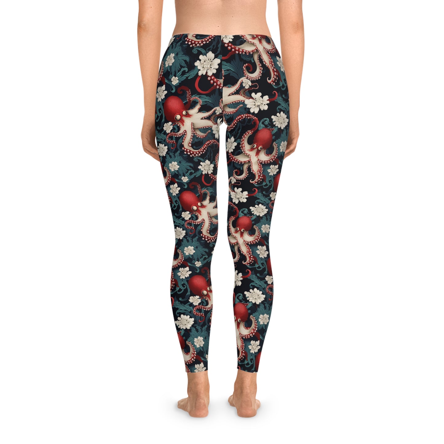 Back view of octopus leggings featuring a seamless floral print in teal, red, and black tones. These are the perfect gift for marine biologist.