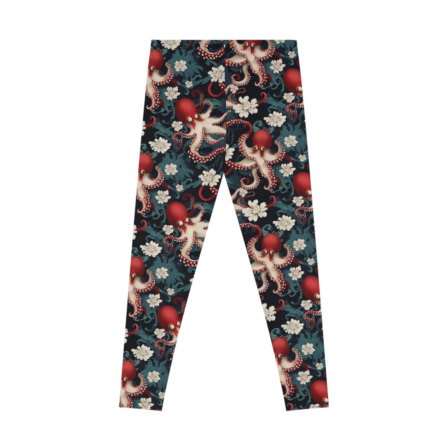 Flat lay of octopus leggings, back view, with a vibrant and seamless sea life and floral design. These fun leggings are the perfect marine biologist gift idea.