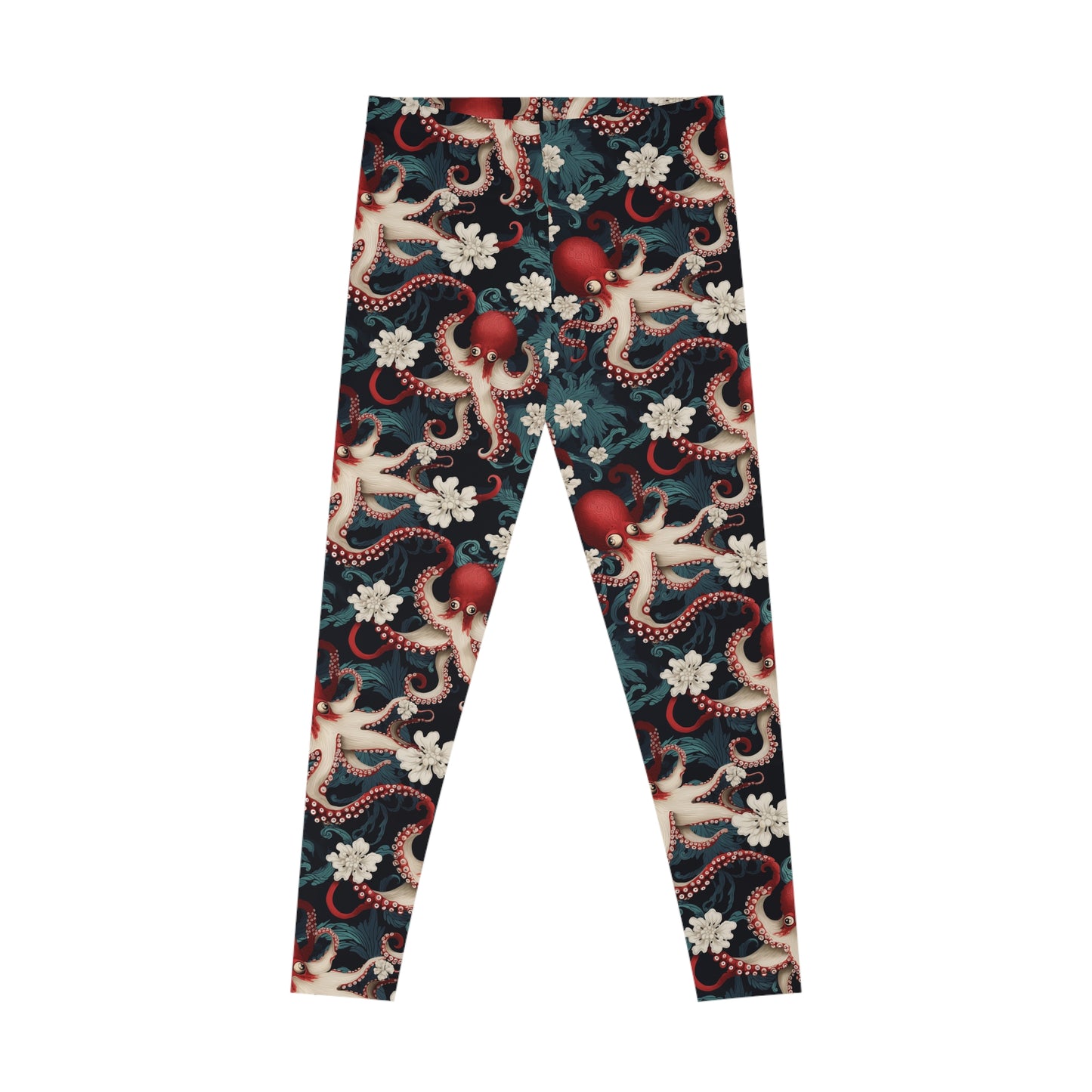 Flat lay of octopus leggings, front view, showcasing the intricate Ukiyo-e floral sea life pattern. These are truly unique leggings.