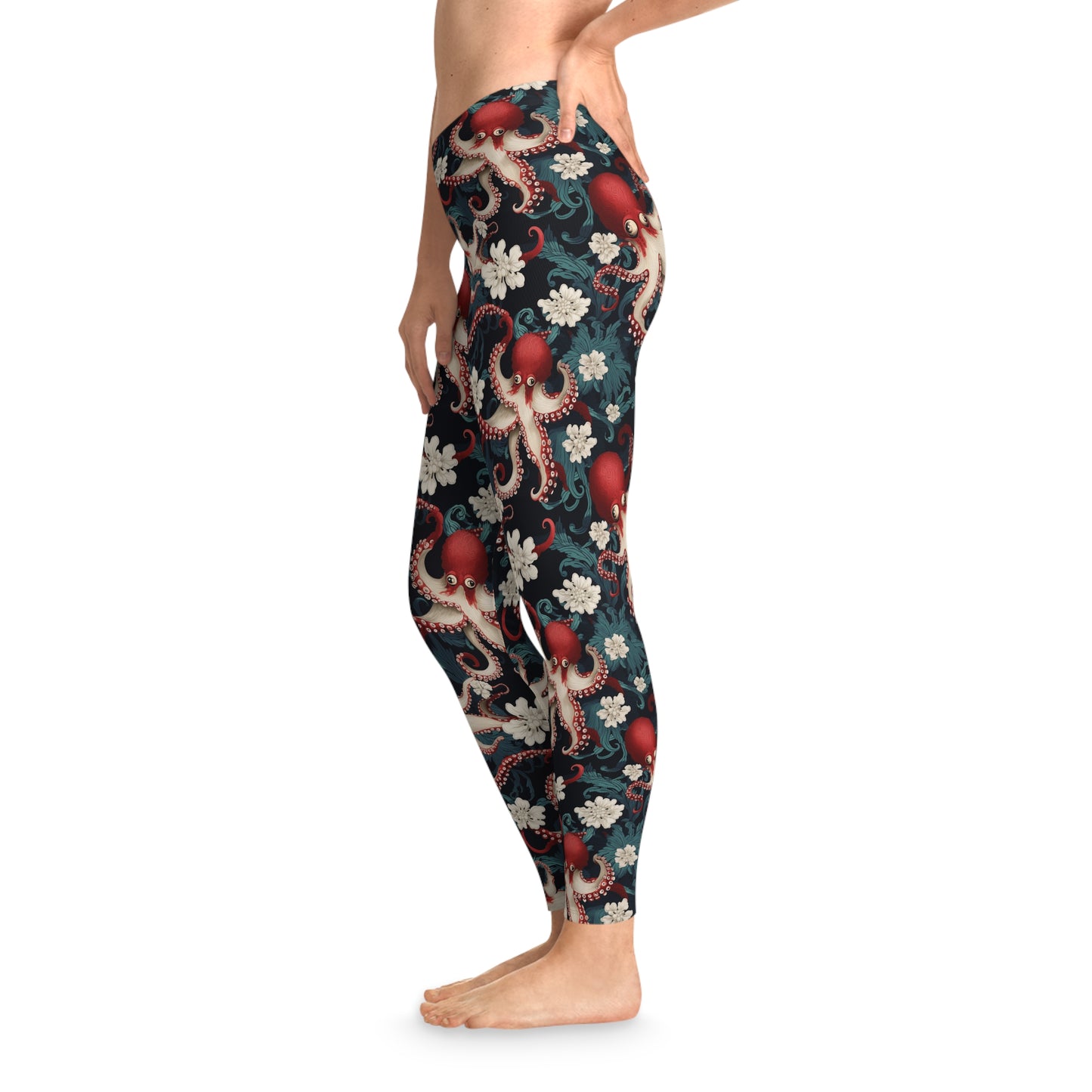 Left side view of octopus leggings with a whimsical sea life pattern. Perfect unique leggings for everyday comfort and style.
