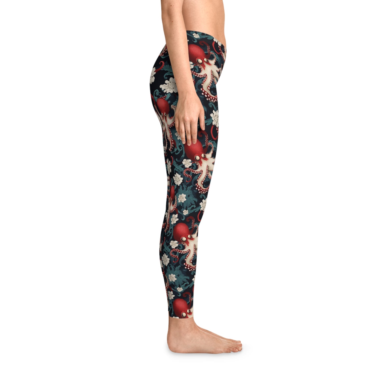 Right side view of sea life-inspired octopus leggings featuring 2 octopus and floral details in a bold Ukiyo-e inspired floral print.