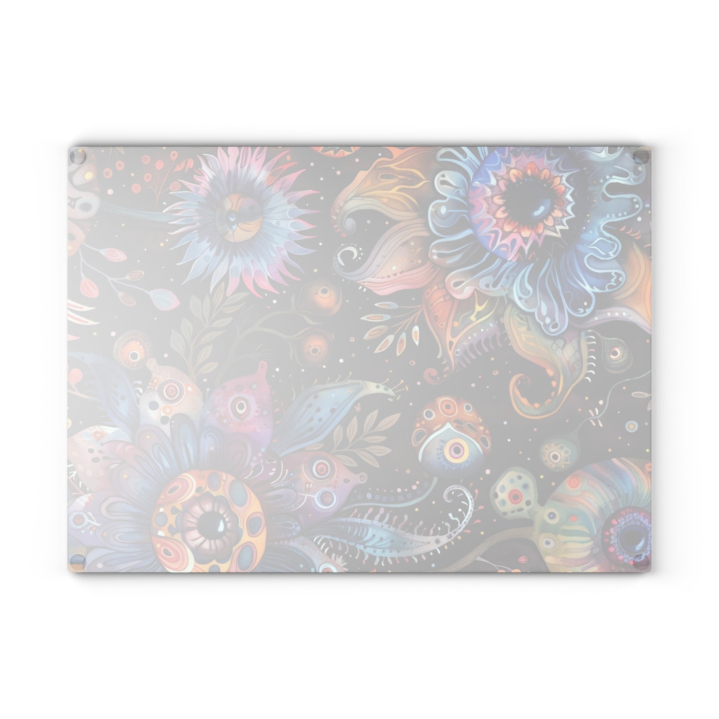 Serving Board with Surreal Eyeball Flowers – Unique Kitchen Gift - Back-side showing non-slip rubber feet - Size Large: 11" x 15"