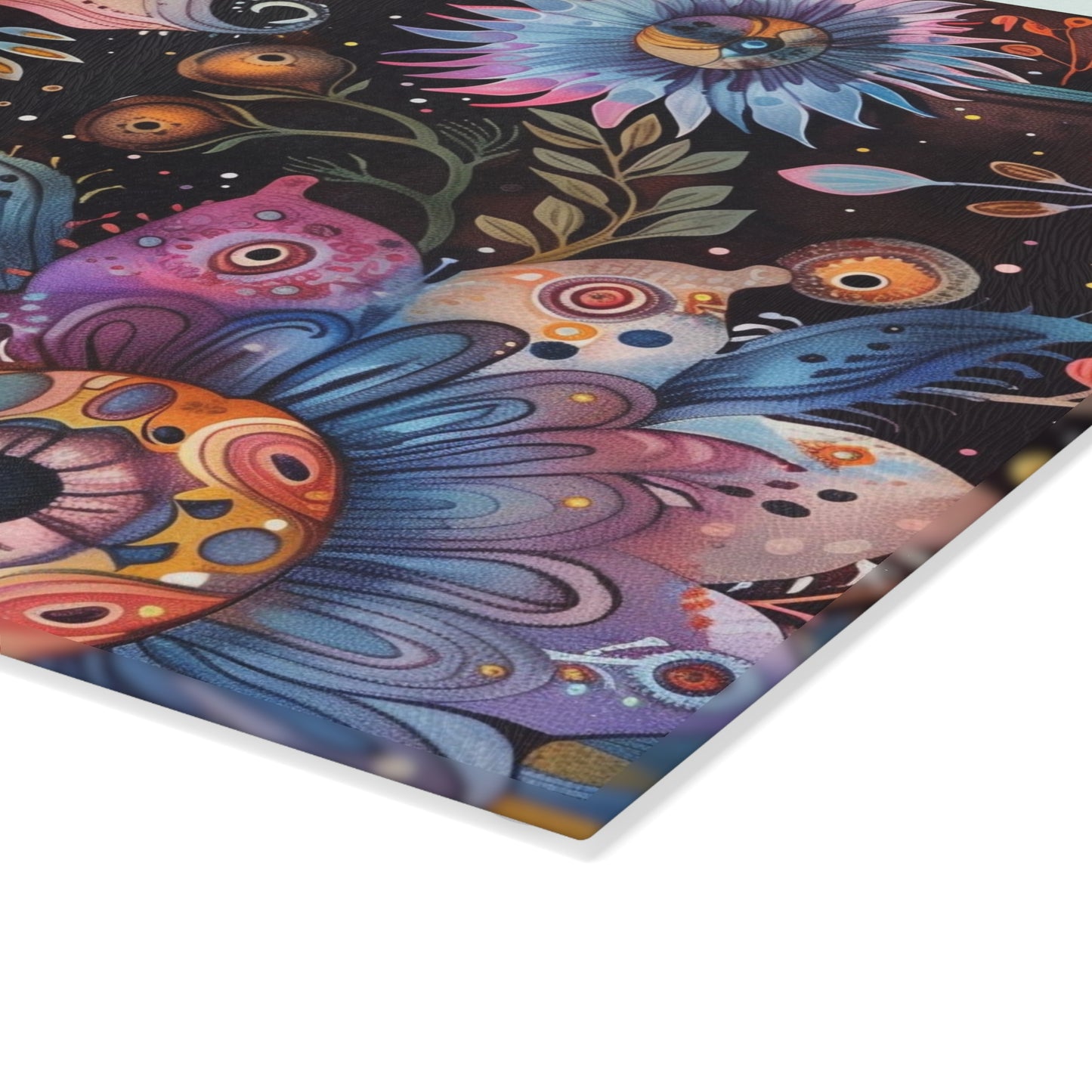 Tempered Glass Cutting Board with Fantasy Flower Eyeball Design - Whorled Texture - Large size is .31 inches thick.