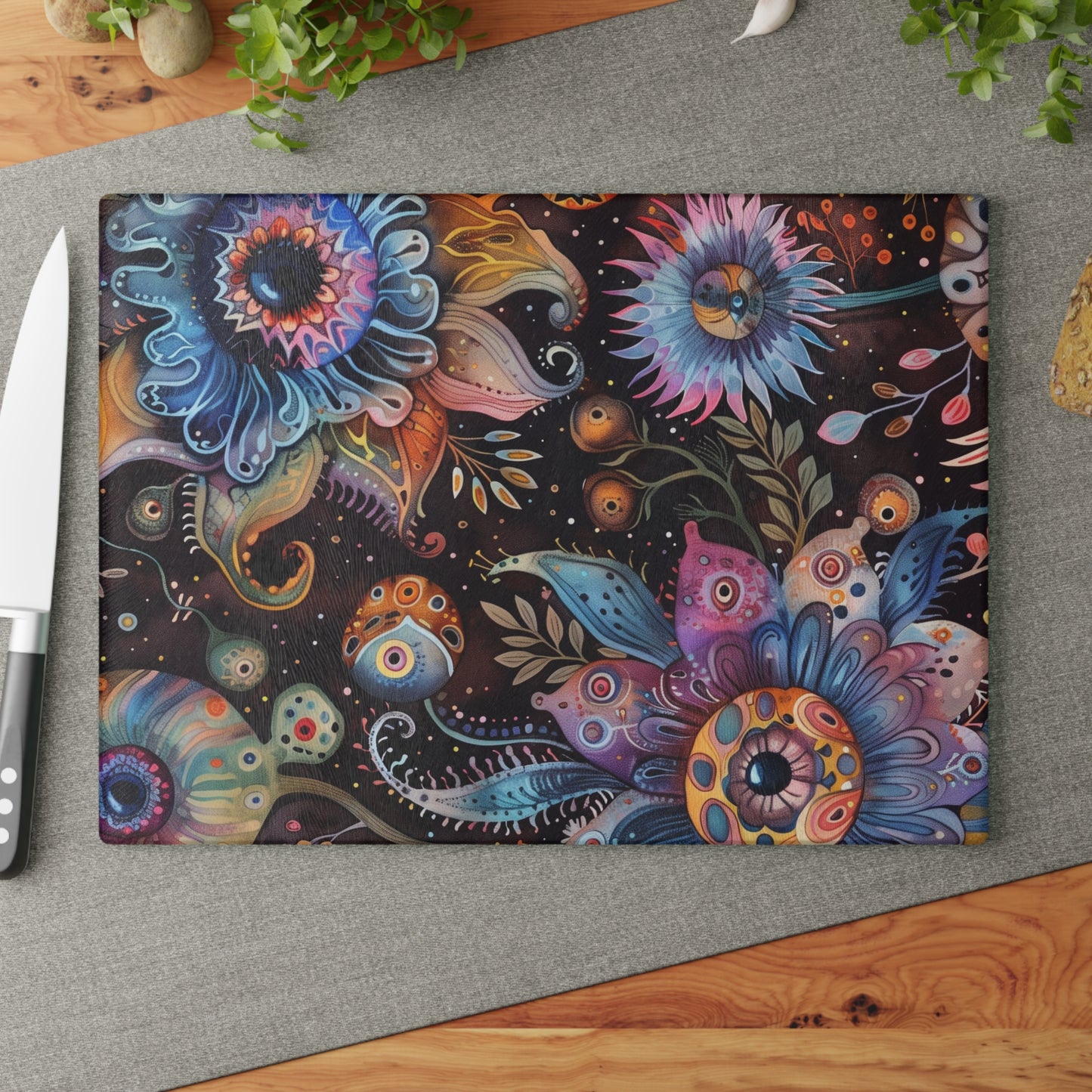 Surreal Eyeball Flower Glass Cutting Board – Fantasy Kitchen Decor - Large 11 x 15 inches.