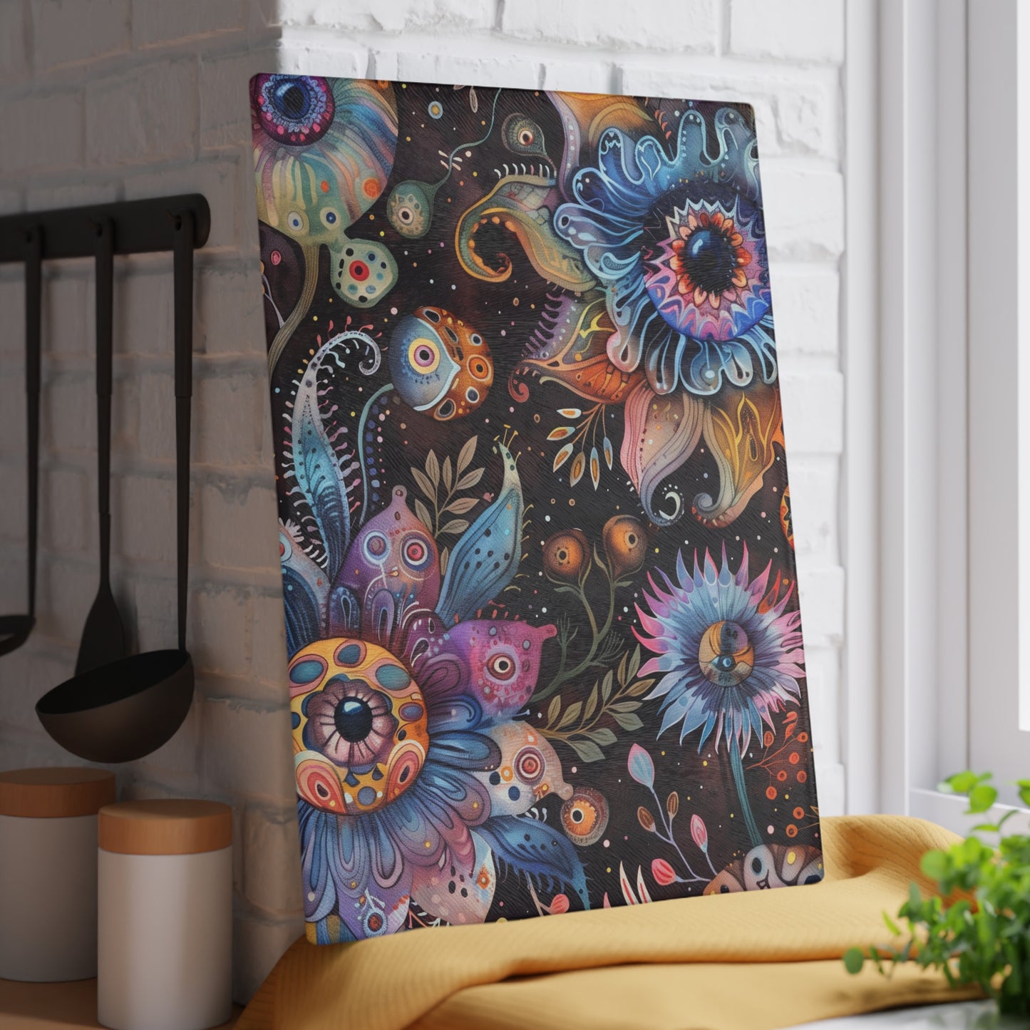 Psychedelic Botanical Cutting Board – Cosmic Floral Art - Large is 11 x 15 inches.