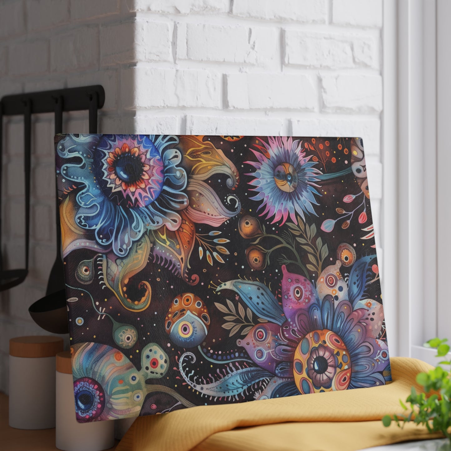 Psychedelic Botanical Cutting Board – Cosmic Floral Art - Large is 11 x 15 inches.