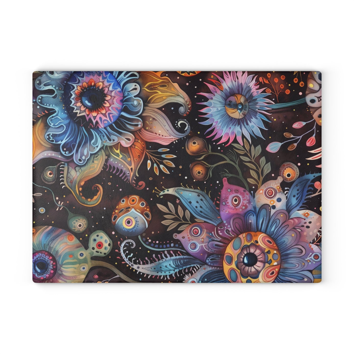 Surreal Eyeball Flower Glass Cutting Board – Fantasy Kitchen Decor - Large is 11" x 15".