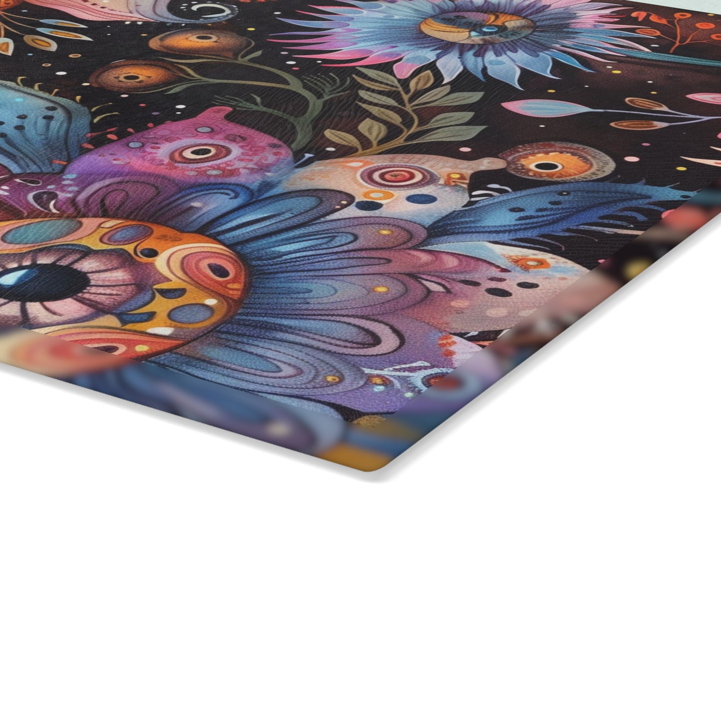 Tempered Glass Cutting Board with Fantasy Flower Eyeball Design with Whorled Texture - Small size is .24 inches thick.
