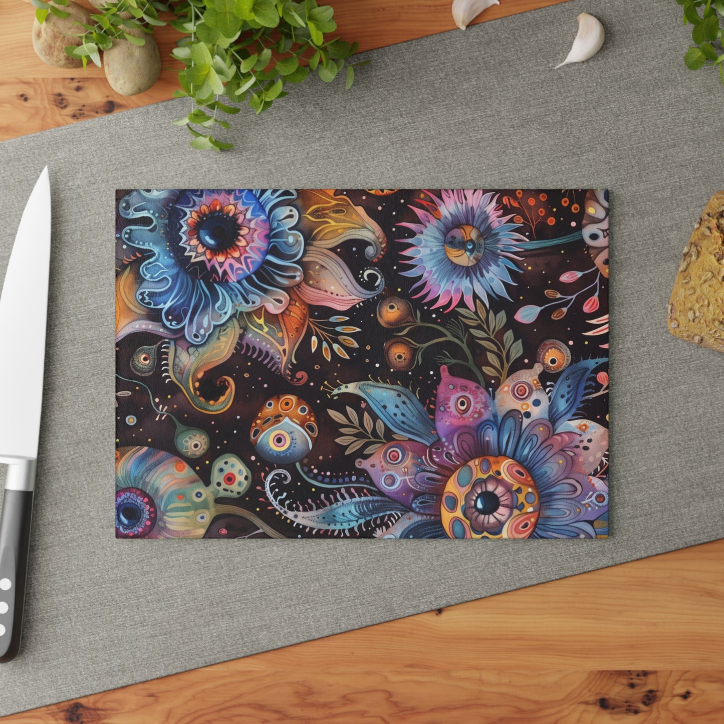 Surreal Eyeball Flower Glass Cutting Board – Fantasy Kitchen Decor - Small is 8 x 11 inches.