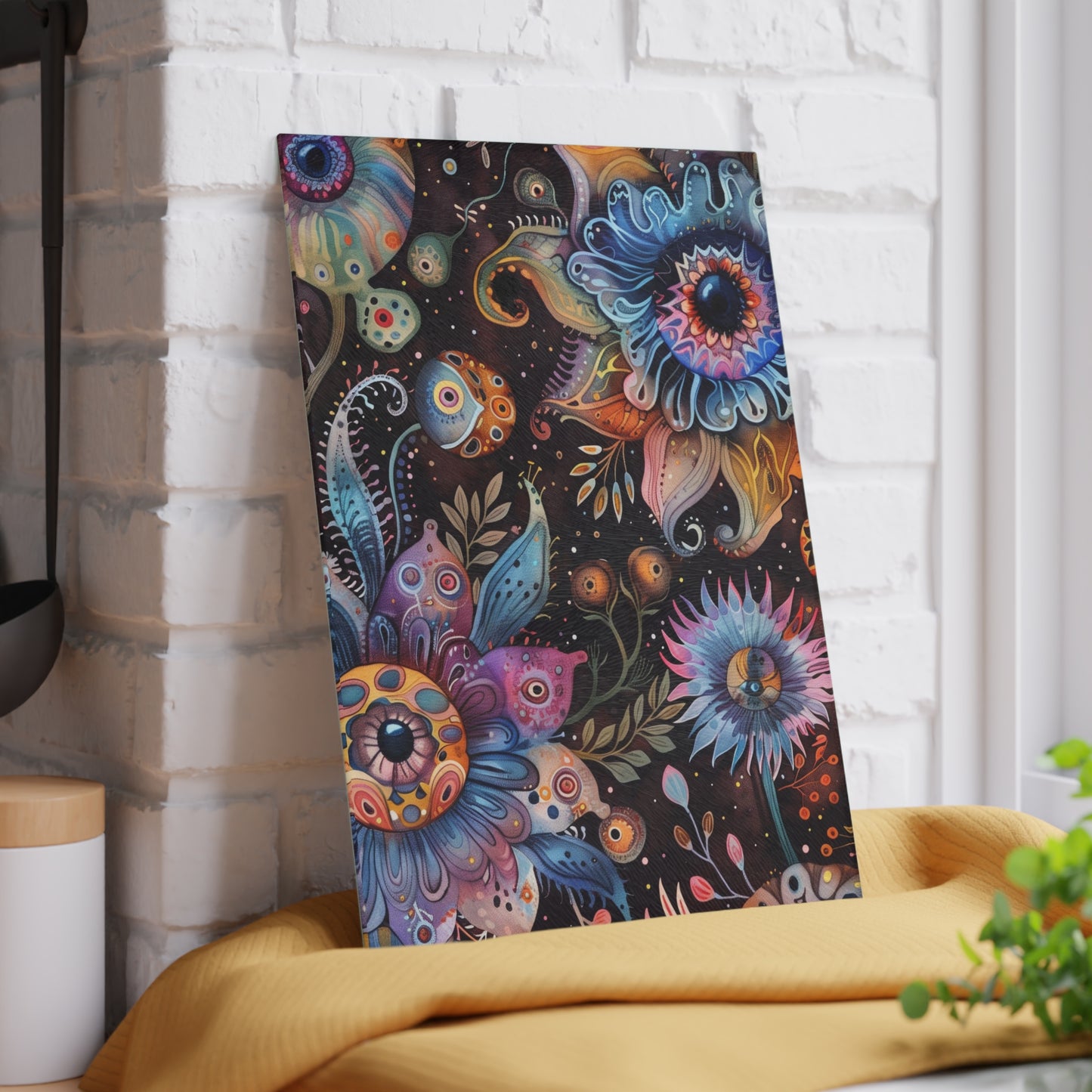 Whimsical Eyeball Flower Unique Art Glass Chopping Board – Colorful Dreamlike Kitchenware - Small is 8 x 11 inches.
