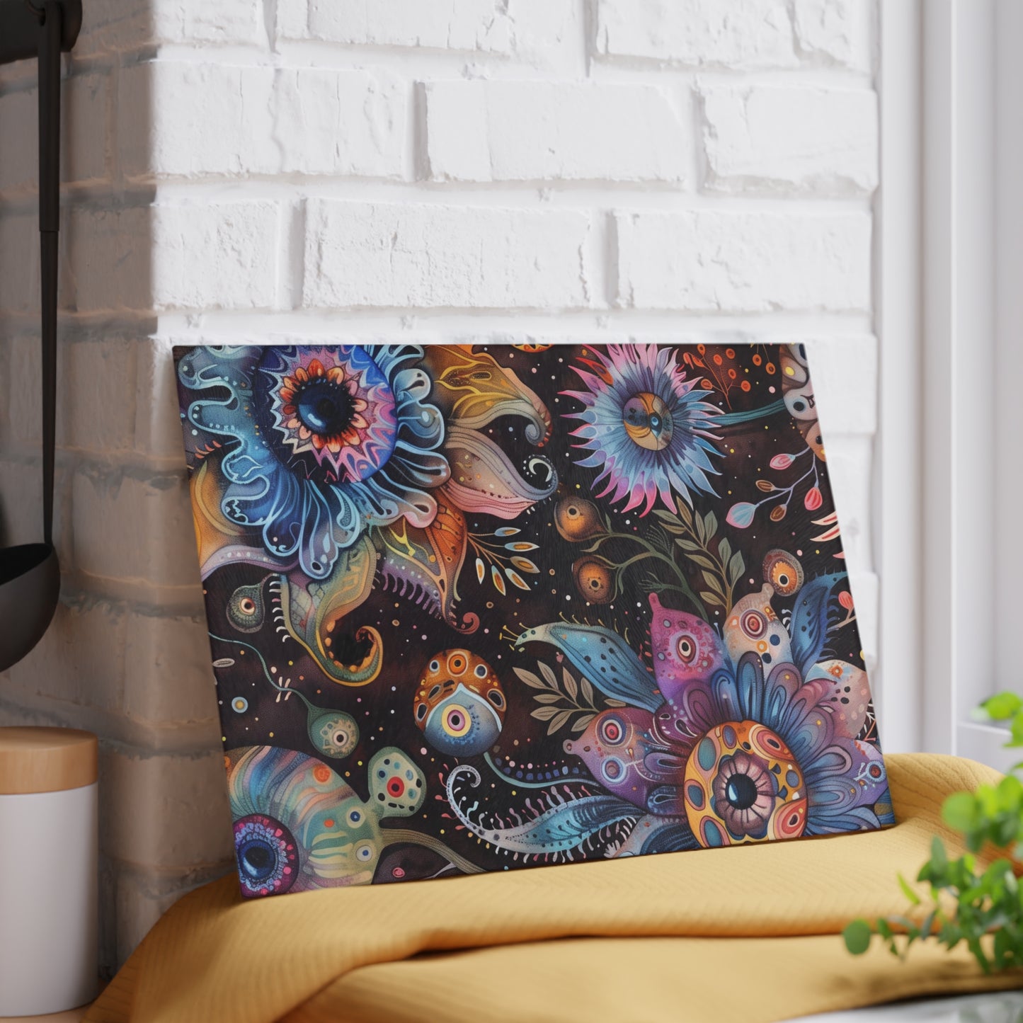 Whimsical Glass Chopping Board – Colorful Dreamlike Kitchenware - Small is 8 x 11 inches.