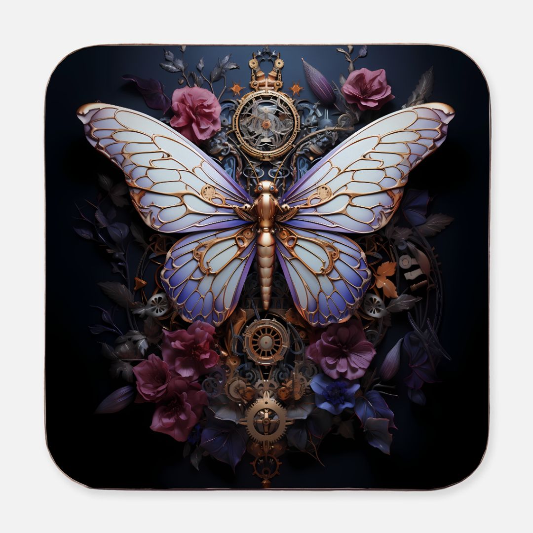 Steampunk butterfly coaster showcasing a purple mechanical butterfly with violet floral accents and brass hardware.