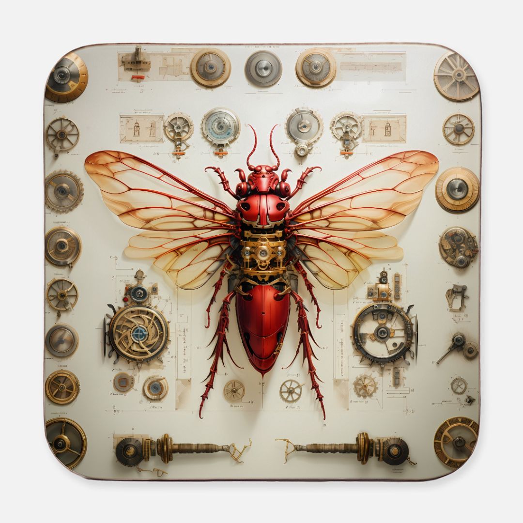 Red Animatronic Bee Coaster: A steampunk red robotic bee with brass accents and detailed blueprints on a vintage cream background.