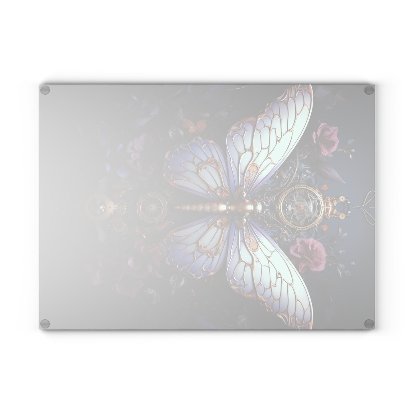 Steampunk Butterfly Tempered Glass Cutting Board with non-slip rubber feet on the back - Large is 11 x 15 inches.