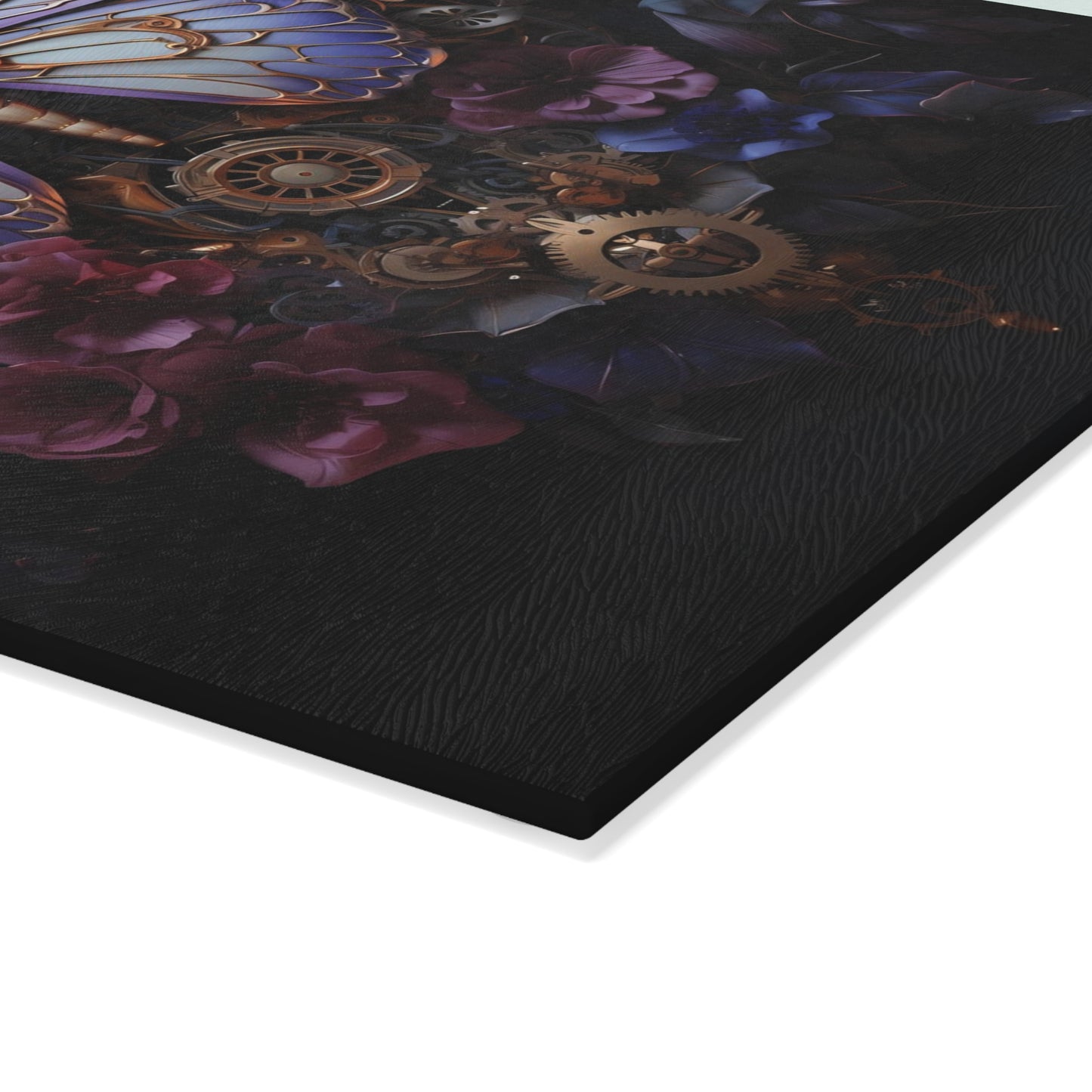 Close up of Tempered Glass Cutting Board with Antique Clockwork & Floral Motif and Whorled Texture and Purple accents - Large size is .31 inches thick.