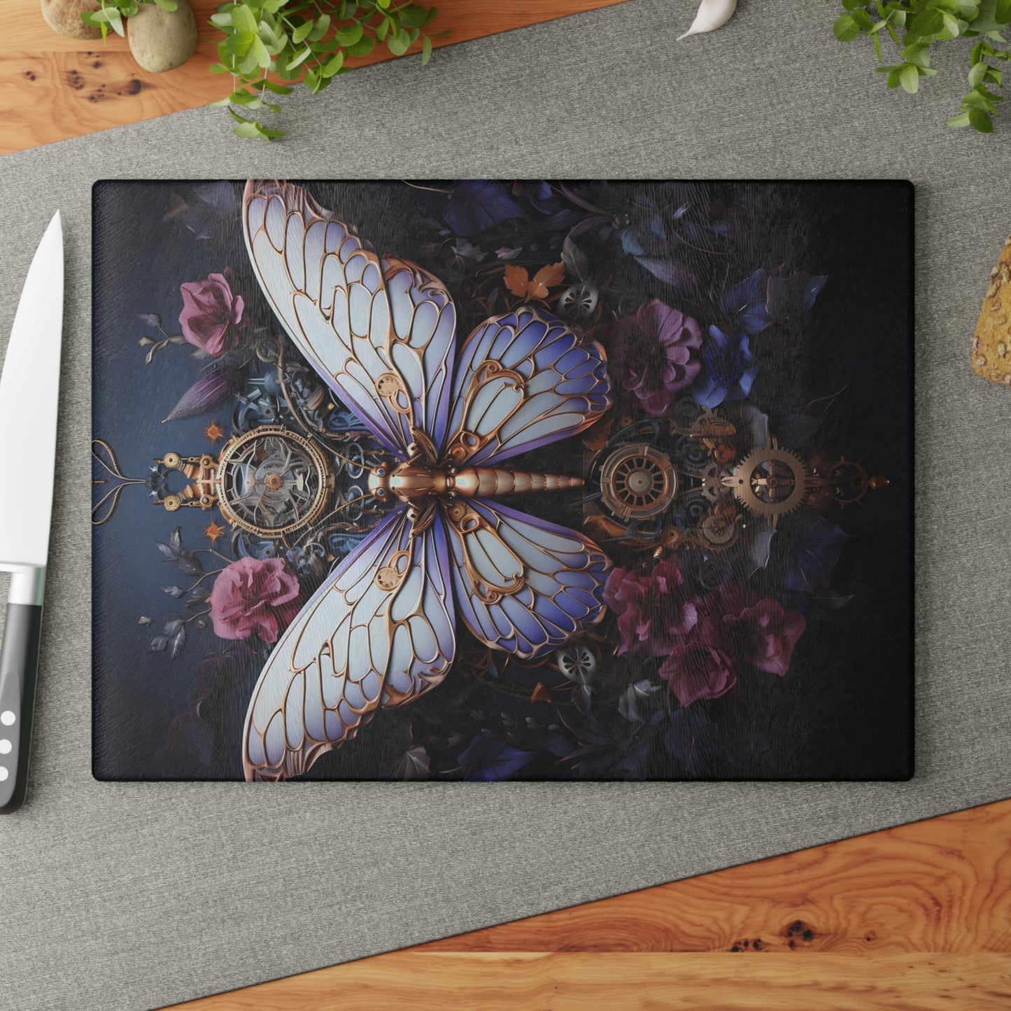 Victorian Steampunk Serving Board – Gears, Watches & Butterfly Art with Purple Flowers and Lavender Wings - Large size is 11 x 15 inches