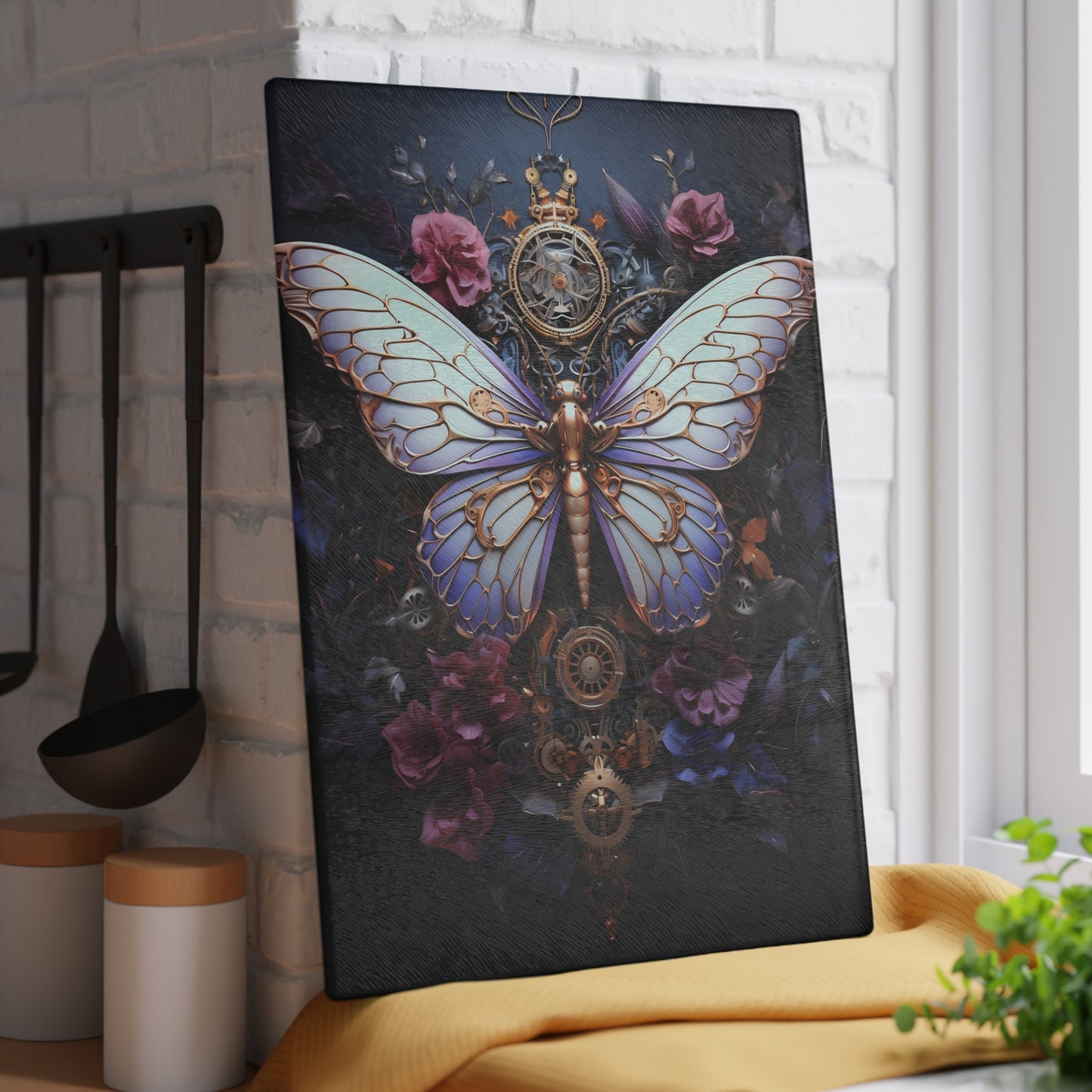 Butterfly & Clockwork Glass Board – Vintage-Inspired Kitchenware - Dark Gothic Purple and Pink Color Scheme- Large is 11 x 15 Inches. Dramatic chiaroscuro lighting inspired by Vanitas Art