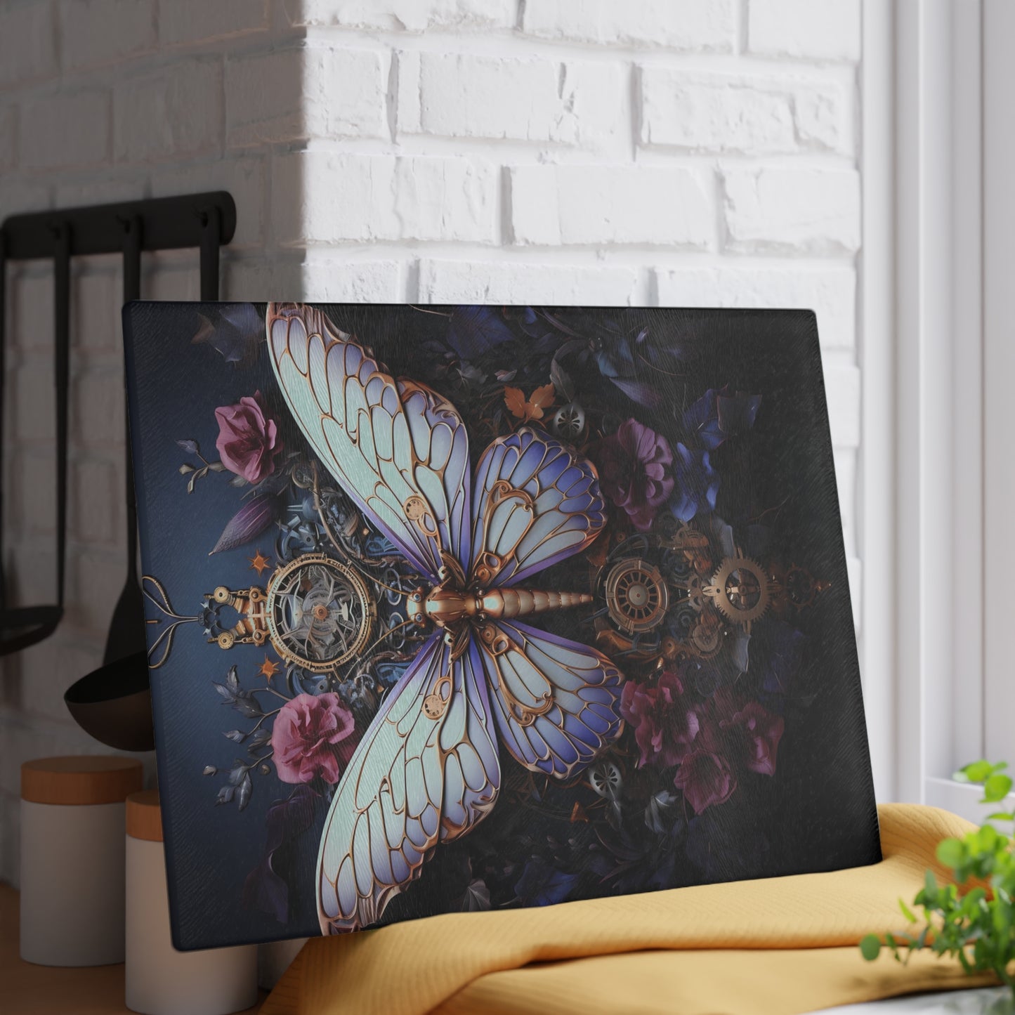 Victorian Steampunk Serving Board – Gears, Watches & Butterfly Art in Purples - Large: 11" x 15" - Gothic Kitchen Decor