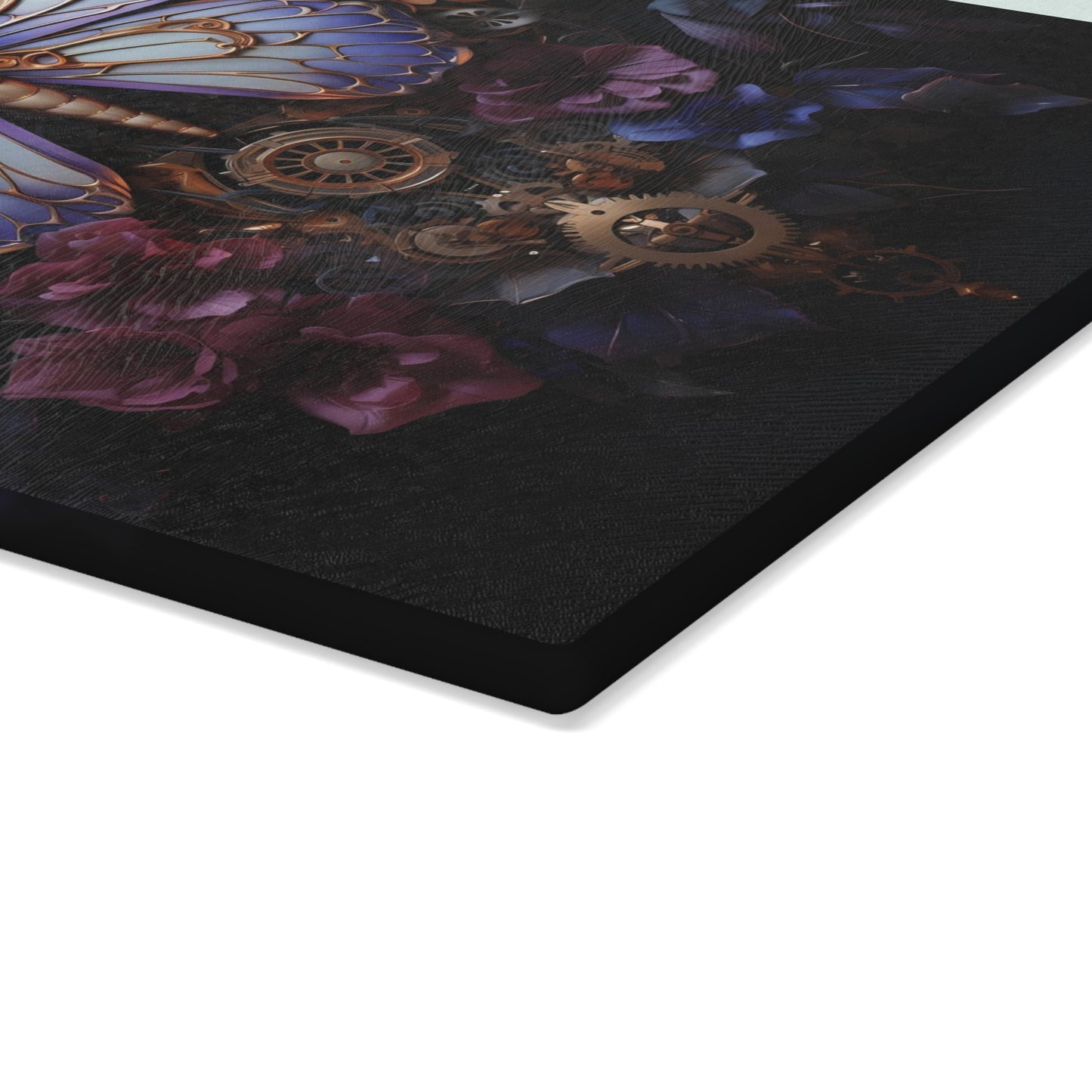 Close-up of Tempered Glass Cutting Board with Antique Clockwork & Floral Motif in Lavender and Purples - Showing Whorled Texture - Small size is .24 inches thick.