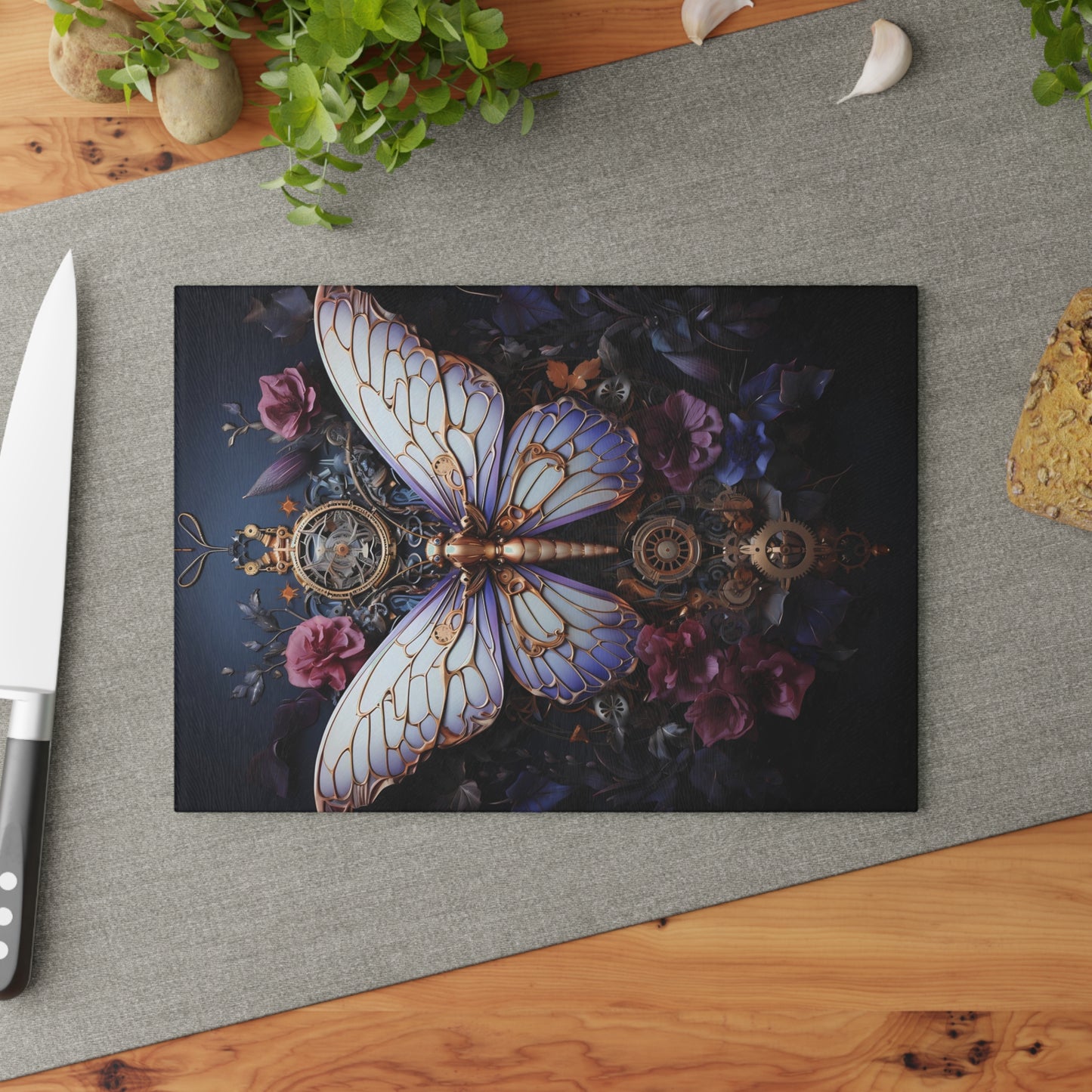 Butterfly & Clockwork Glass Board – Vintage-Inspired Kitchenware - Dark with Lavender and Purple accents - Great for Charcuterie - Small is 8x 11 inches.