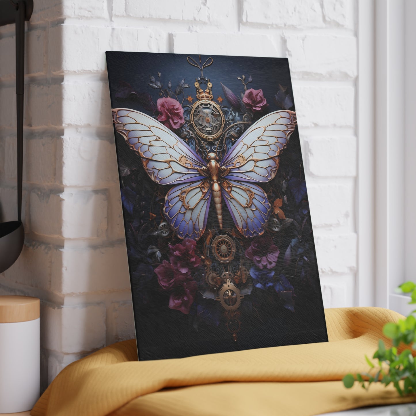 Steampunk Butterfly Glass Cutting Board in purple and lavender – Victorian Clockwork Design - Small 8 x 11 Inches
