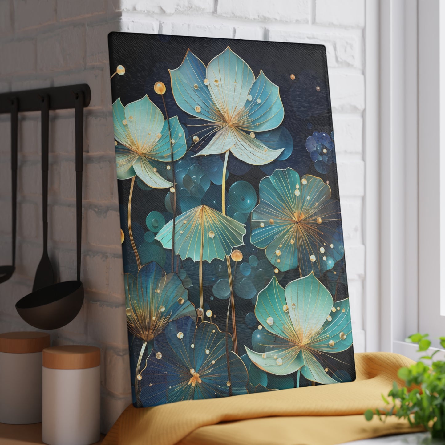 Glowing Lotus Cutting Board – Deep Sea Blue and Gold Kitchen Art - Large 11 x 15 Inches