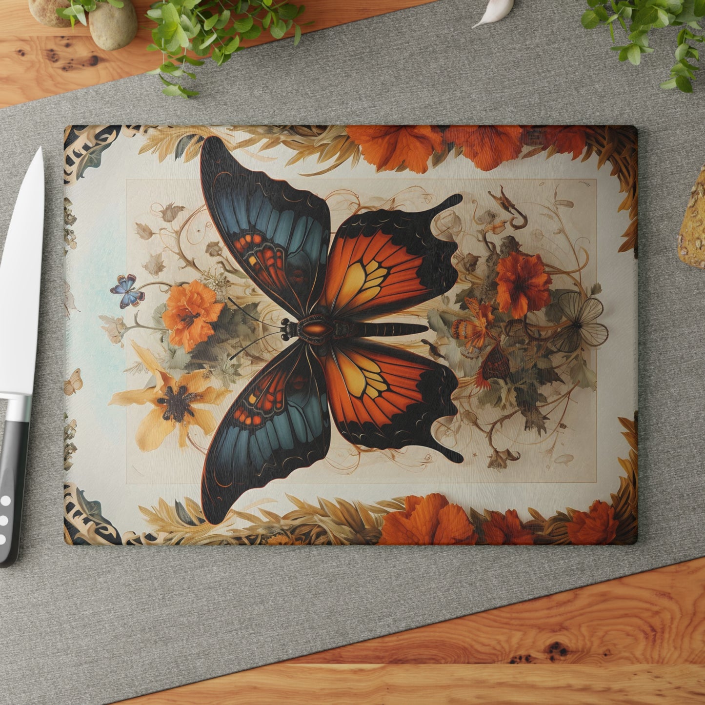 Butterfly & Botanical Serving Board – Rustic Chic Home Accent - Large 11 x 15 Inches