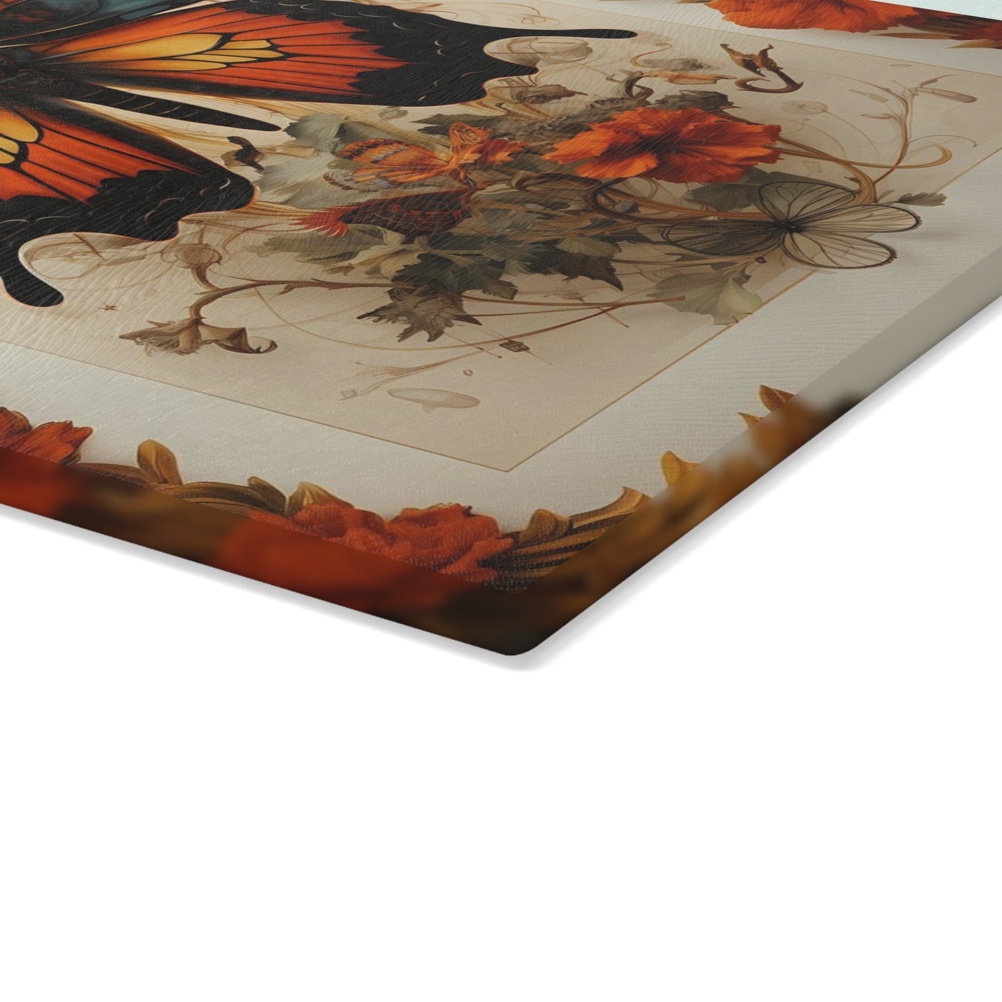 Close up of Tempered Glass Cutting Board with Victorian-Inspired Design - Small size is .24 inches thick.