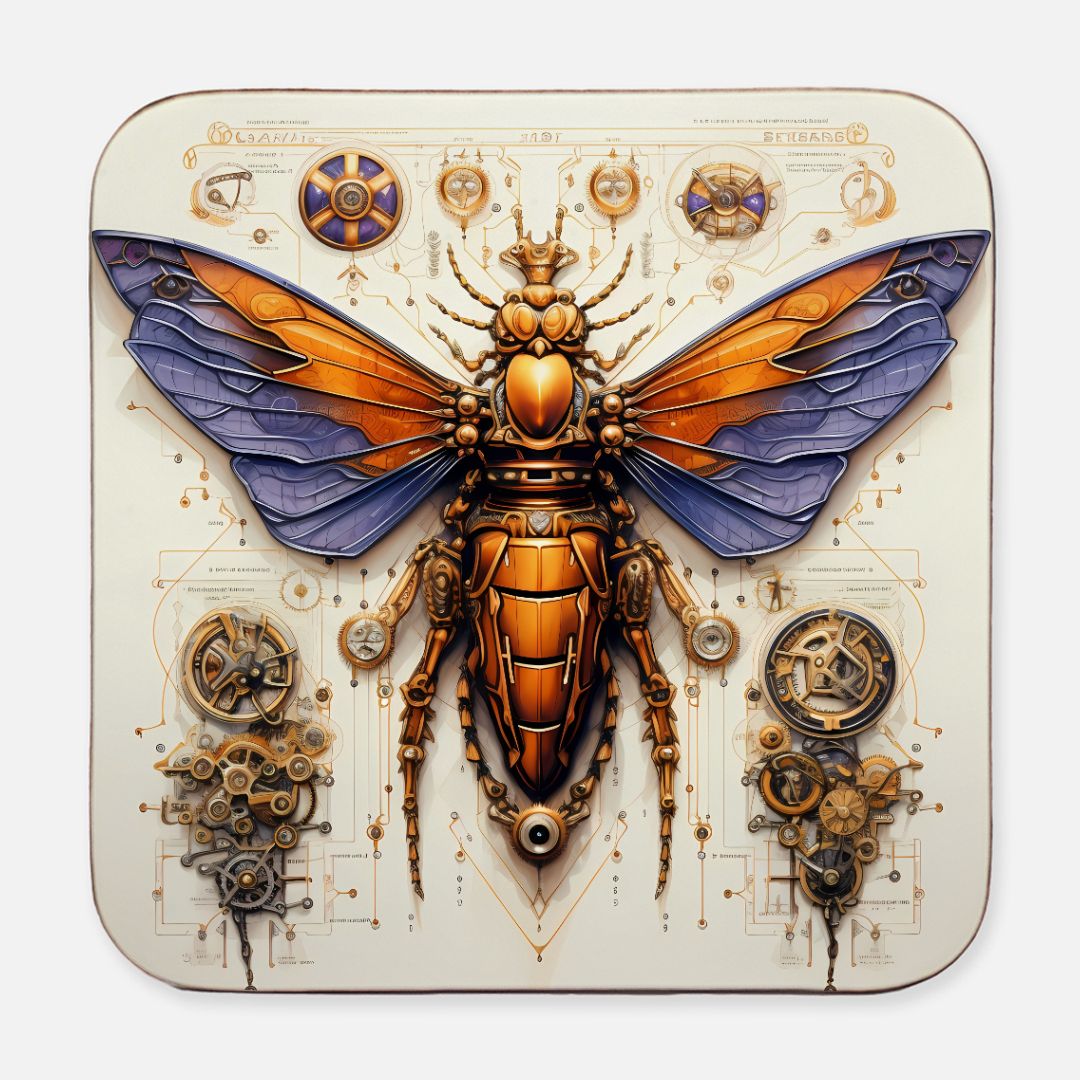 Vibrant robotic cicada coaster with violet, blue, and orange tones, featuring detailed gears and vintage blueprint elements.