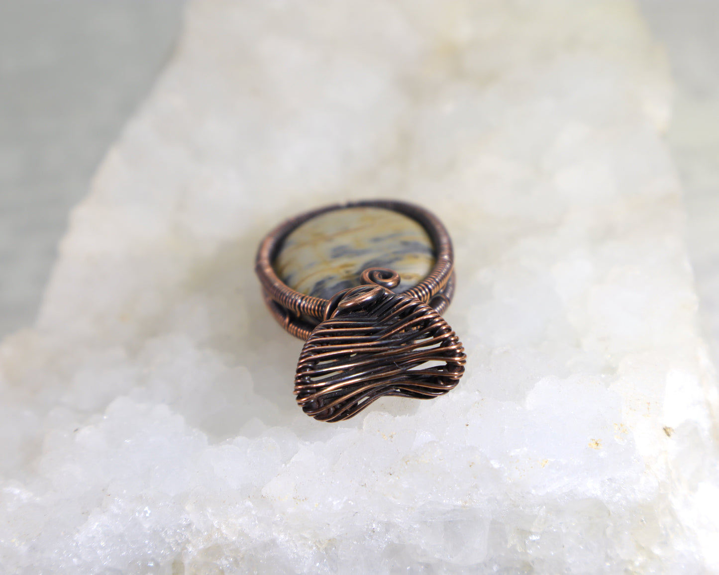 Rustic copper wire weave pendant with natural green jasper gemstone