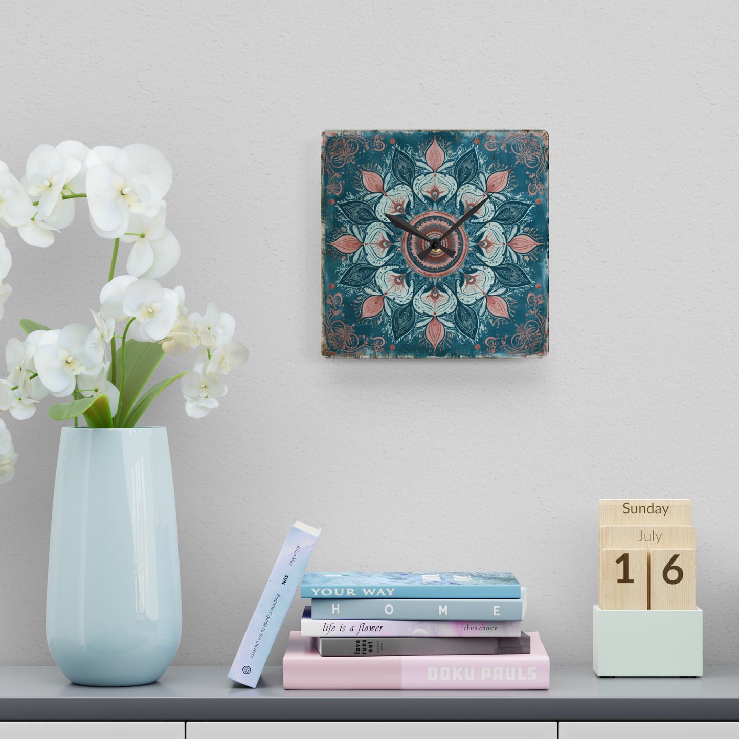 Mandala Floral Acrylic Wall Clock — Teal & Coral Boho Home Decor
