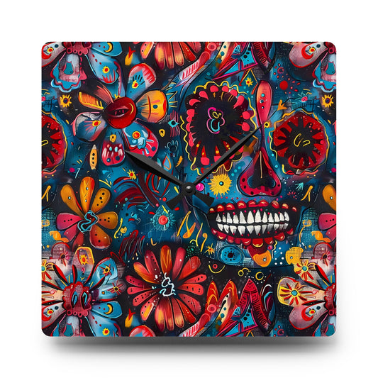 Day of the Dead Floral Skull Acrylic Wall Clock — Colorful Sugar Skull Home Décor