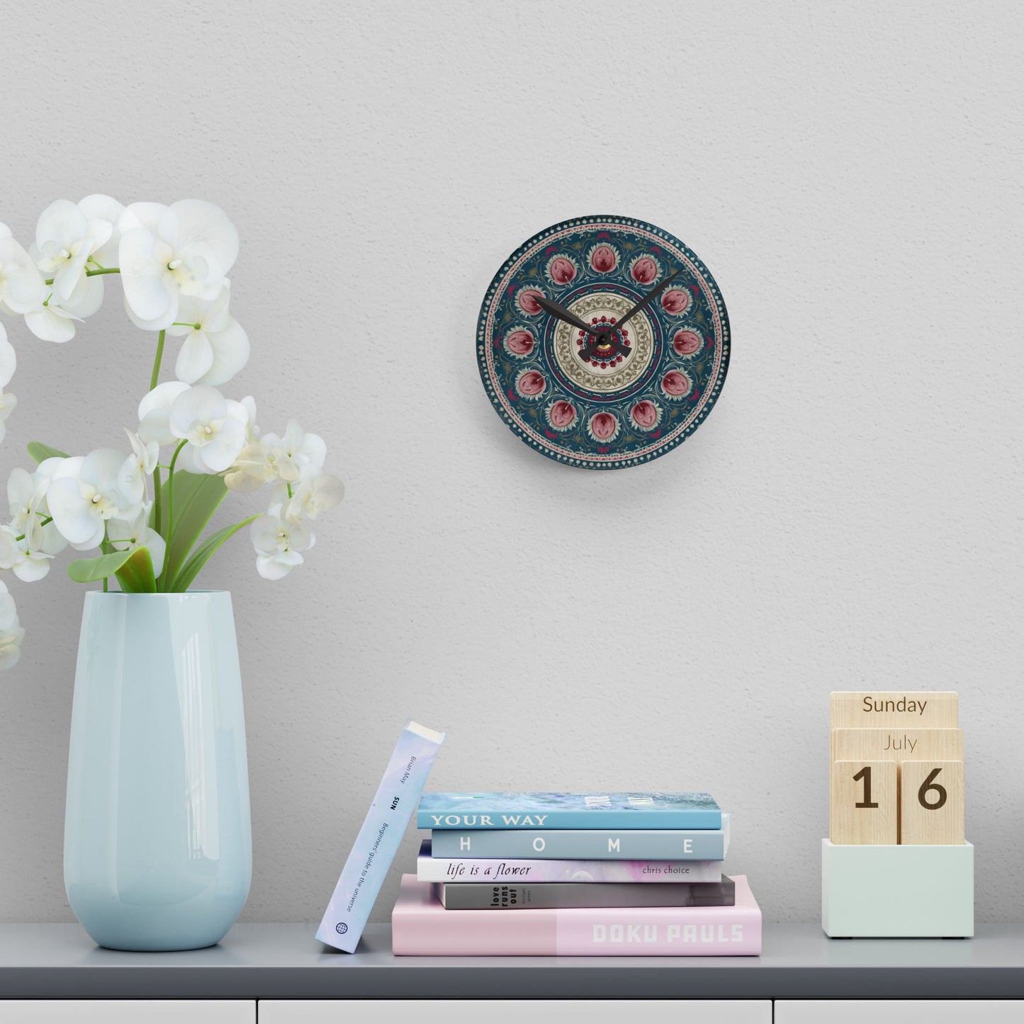 Mandala Floral Acrylic Wall Clock – Bohemian Home Decor