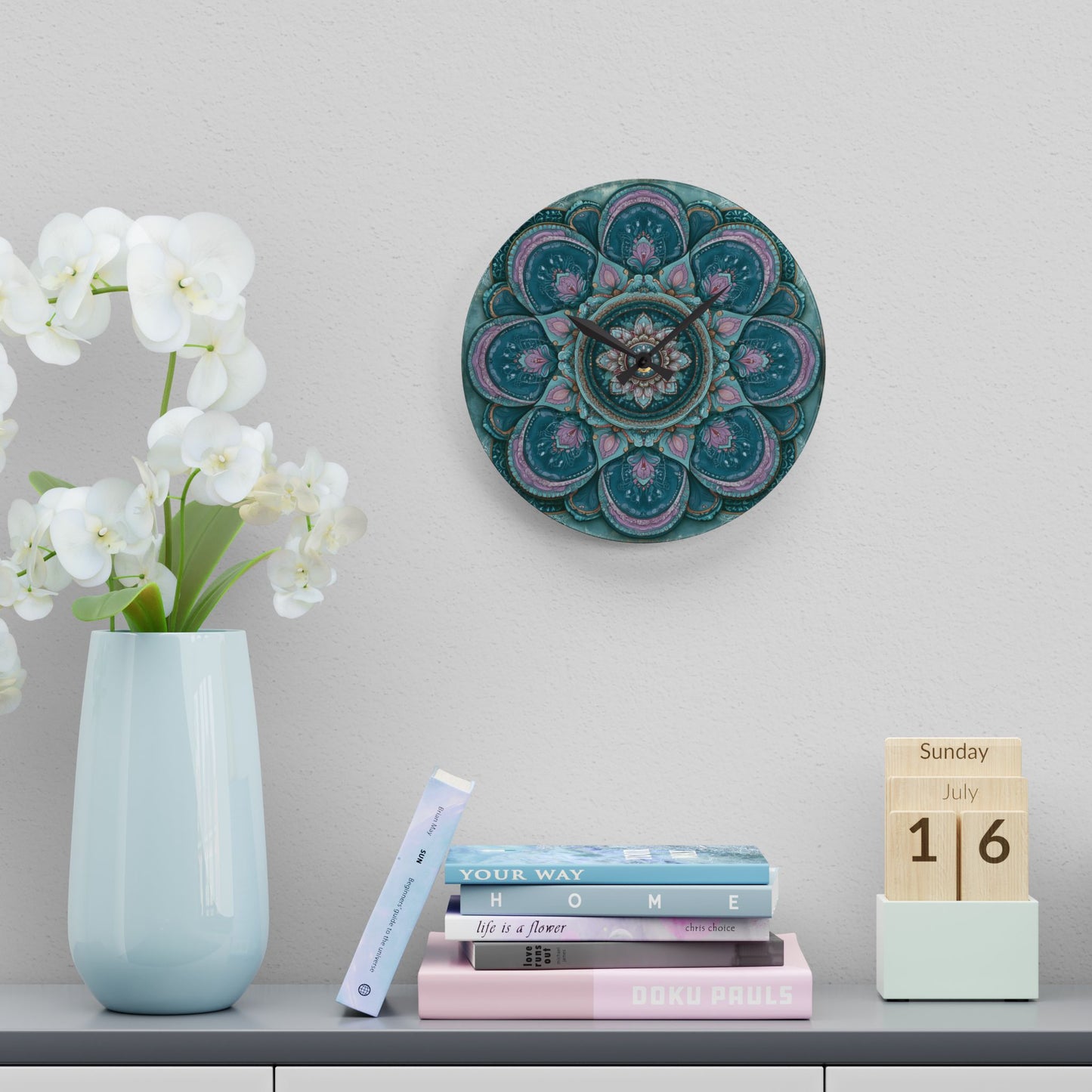 Mandala Acrylic Wall Clock – Teal & Pink Boho Decorative Clock