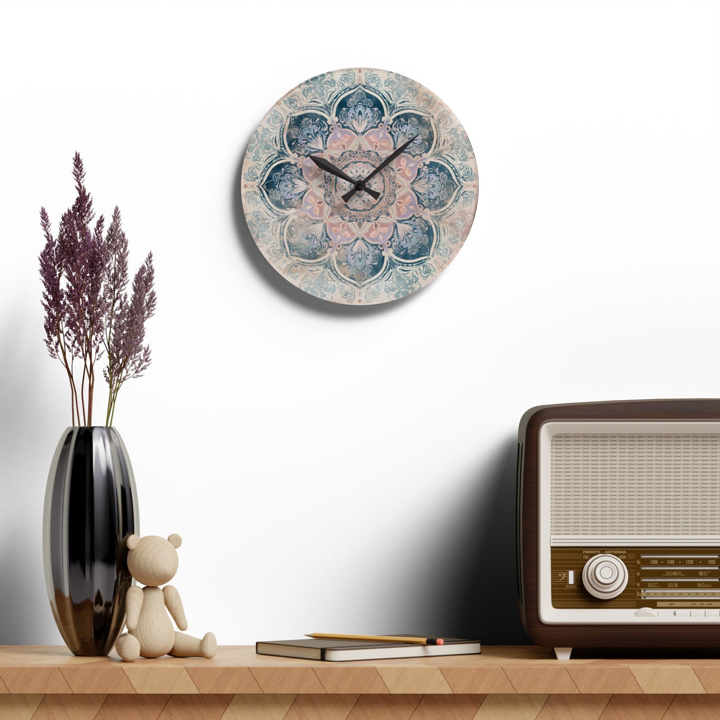 Boho Mandala Acrylic Wall Clock — Pastel Floral Decorative Clock