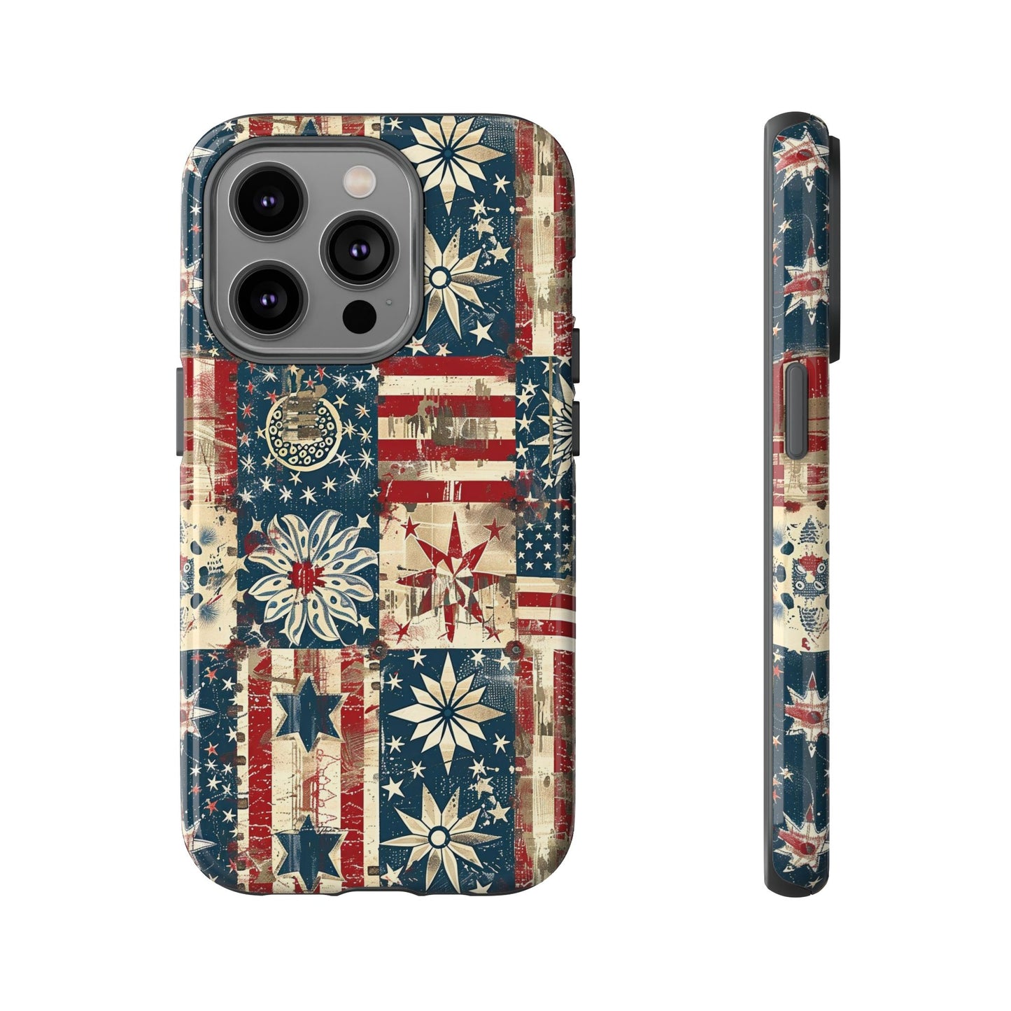 Patriotic Patchwork Phone Case — Vintage American Flag Stars & Quilted Design
