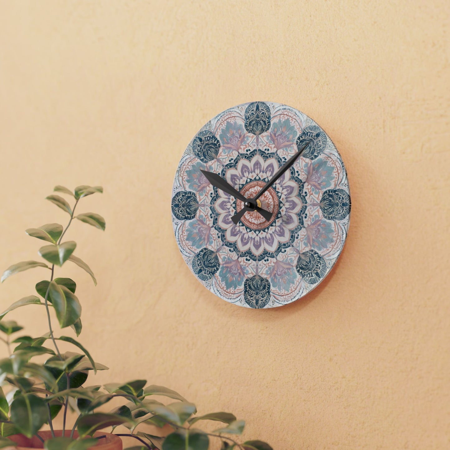 Mandala Acrylic Wall Clock — Boho Floral Decorative Clock