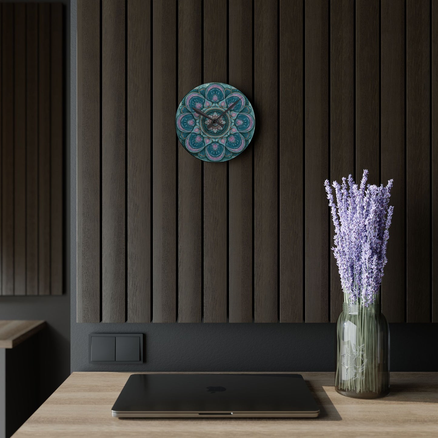 Mandala Acrylic Wall Clock – Teal & Pink Boho Decorative Clock