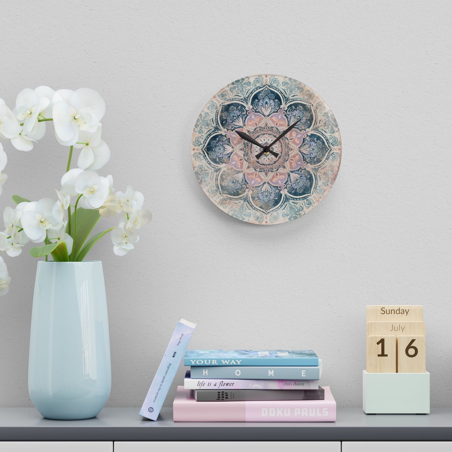 Boho Mandala Acrylic Wall Clock — Pastel Floral Decorative Clock