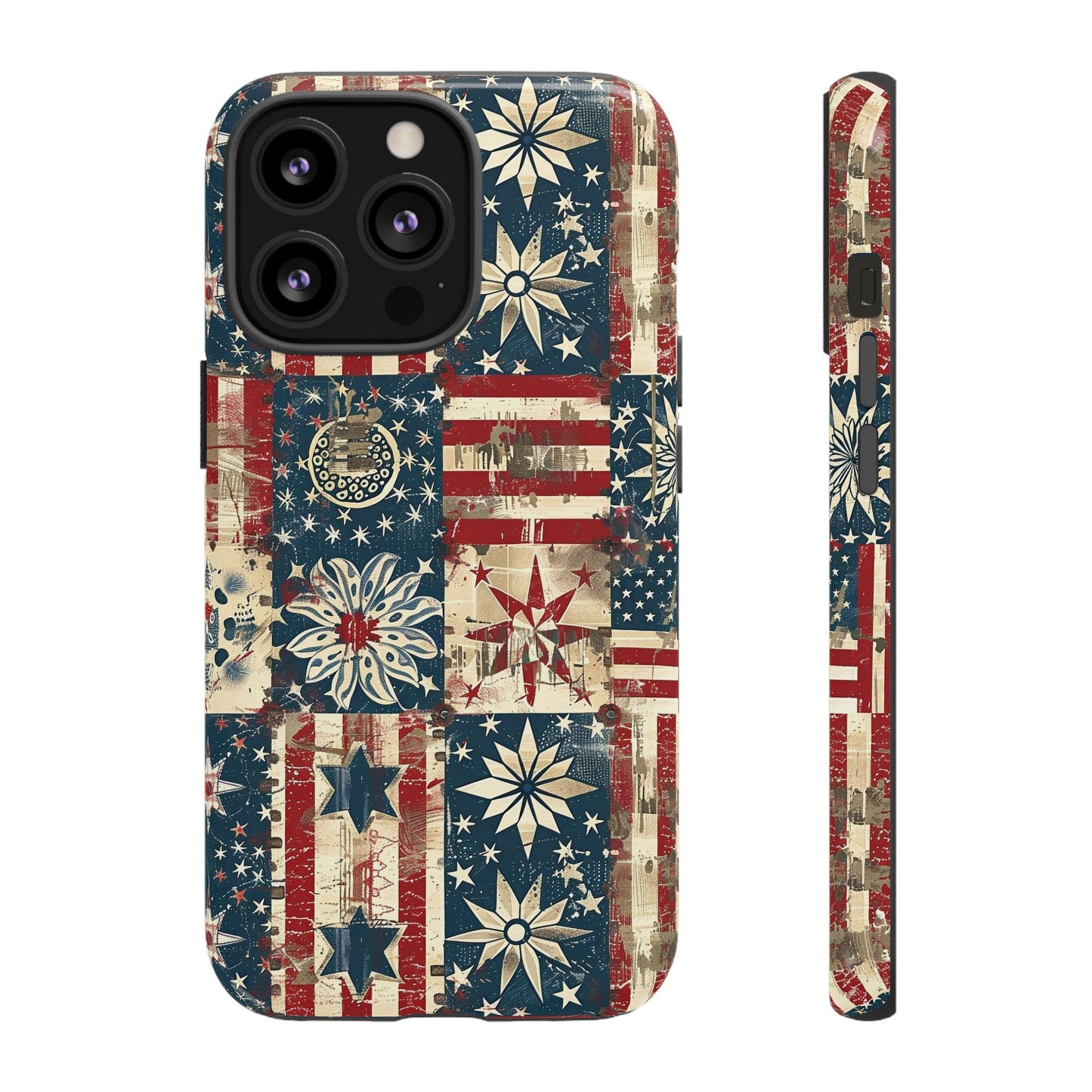 Patriotic Patchwork Phone Case — Vintage American Flag Stars & Quilted Design
