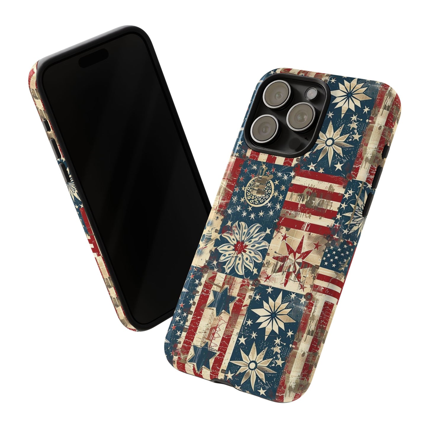Patriotic Patchwork Phone Case — Vintage American Flag Stars & Quilted Design
