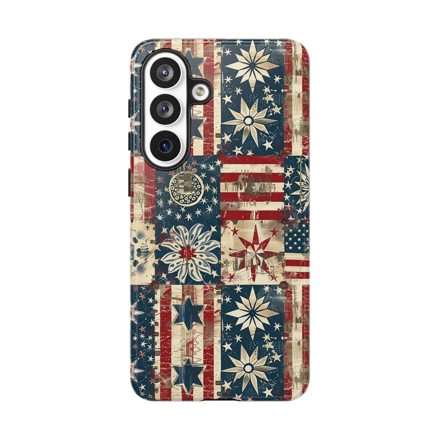 Patriotic Patchwork Phone Case — Vintage American Flag Stars & Quilted Design