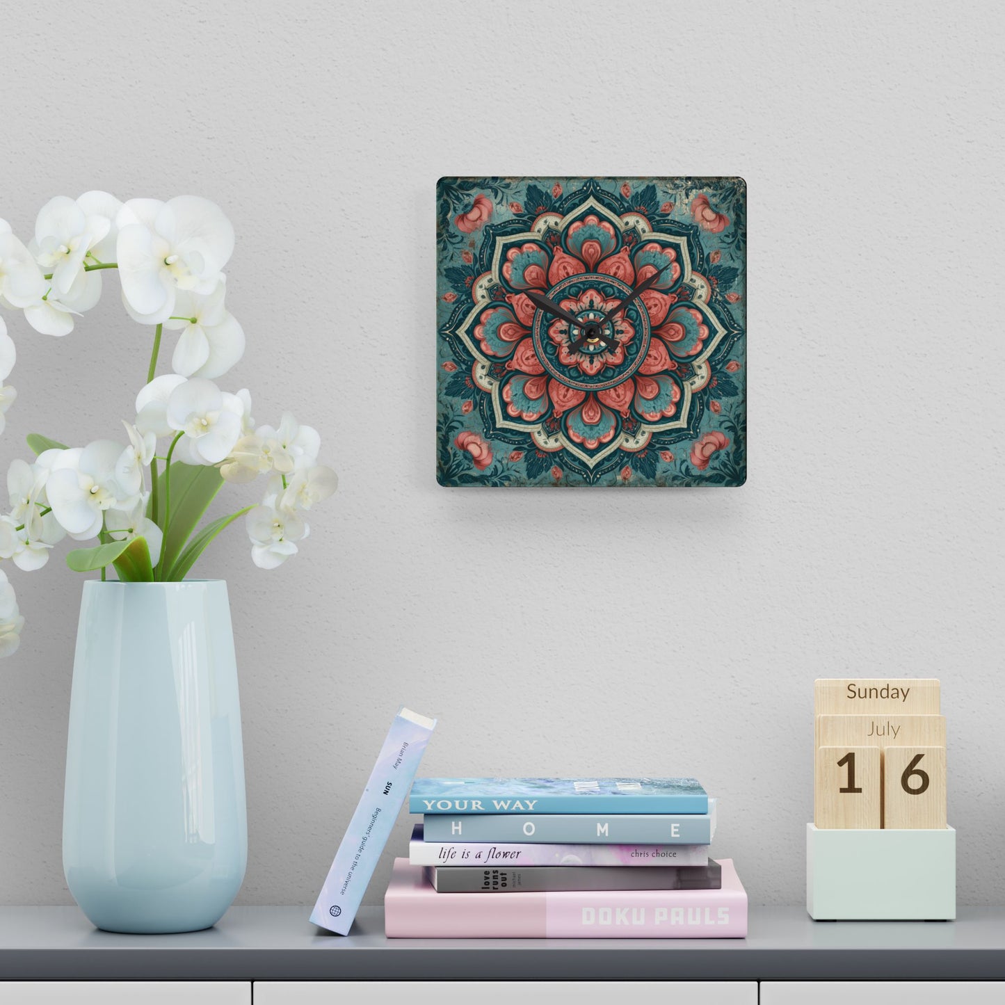 Mandala Acrylic Wall Clock — Boho Floral Decorative Clock