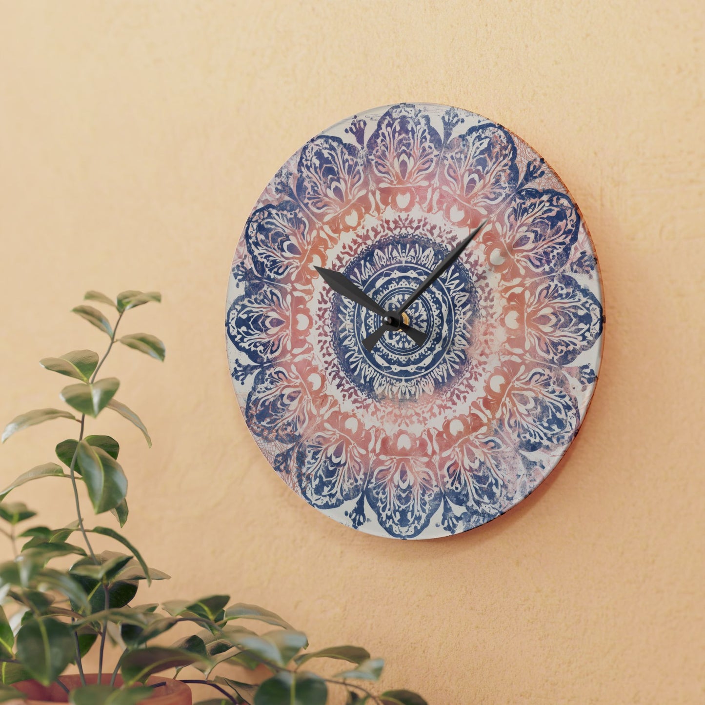 Mandala Acrylic Wall Clock — Boho Peach & Navy Decorative Clock