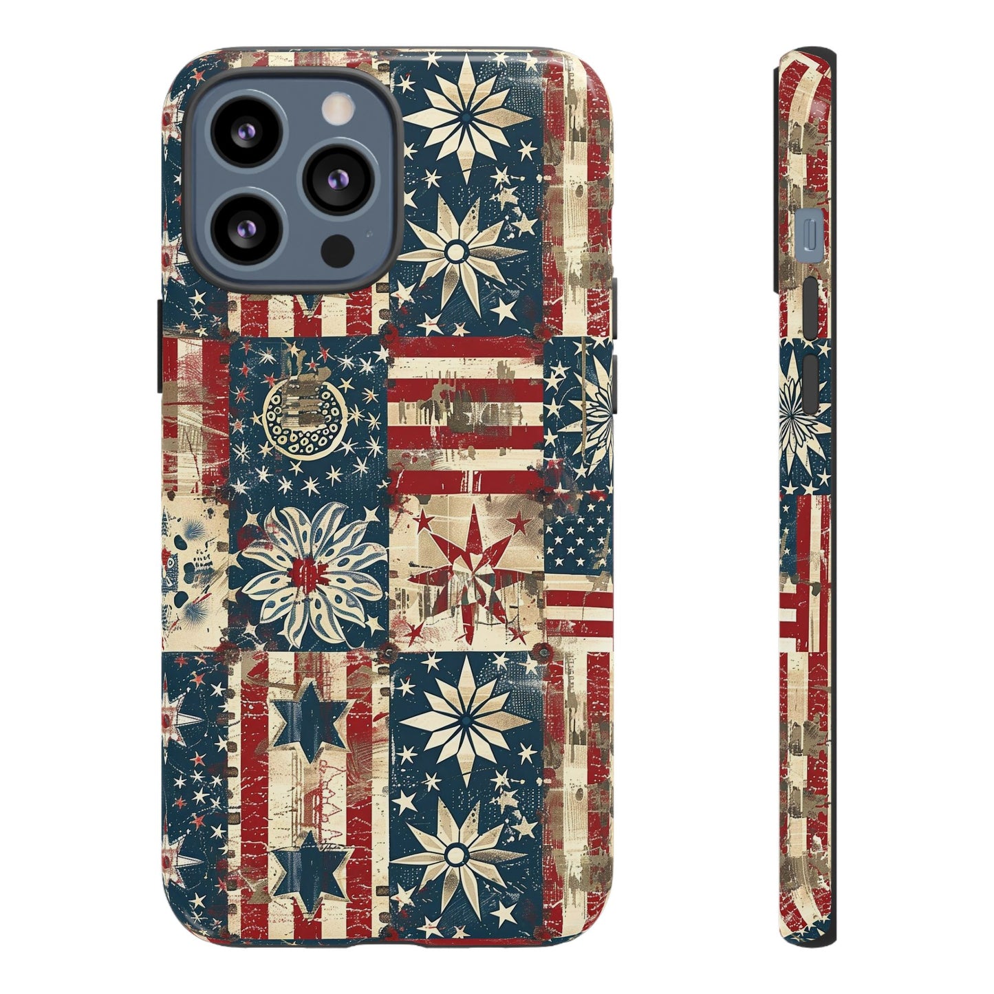 Patriotic Patchwork Phone Case — Vintage American Flag Stars & Quilted Design