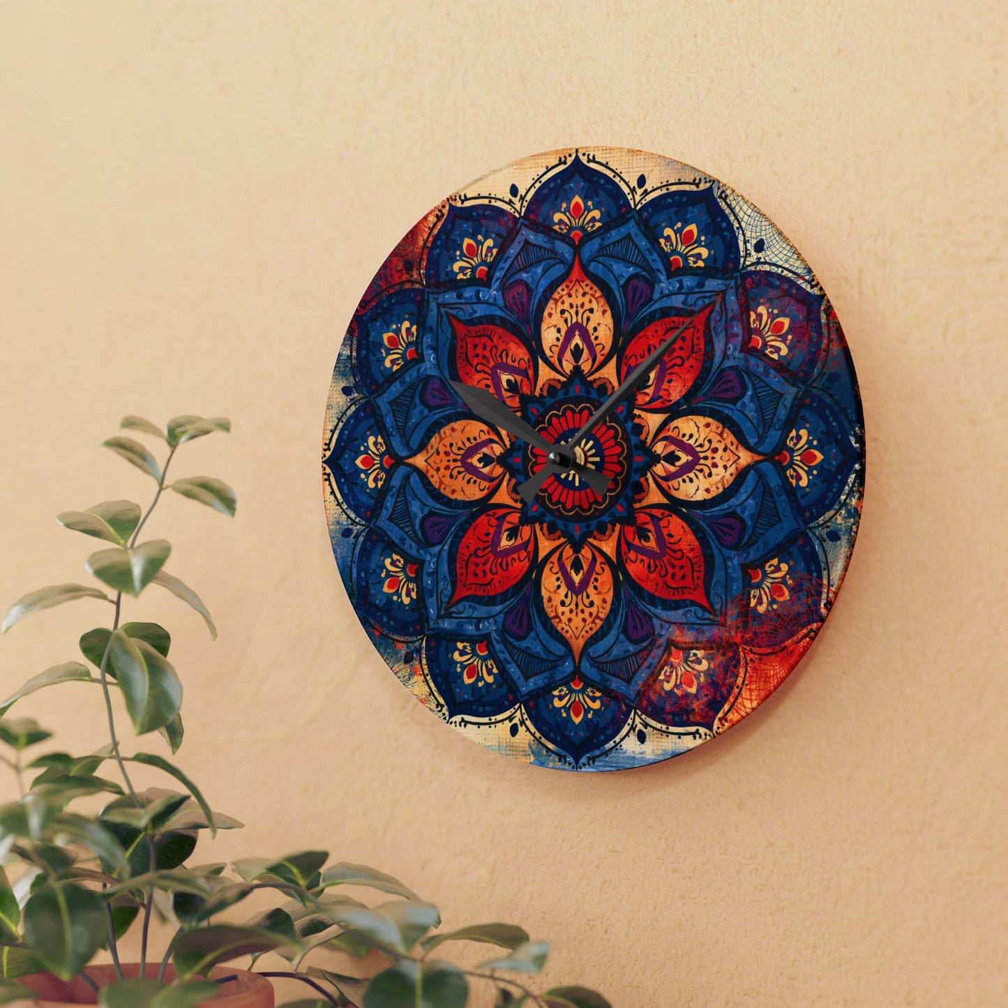 Mandala Acrylic Wall Clock — Colorful Boho Floral Timepiece